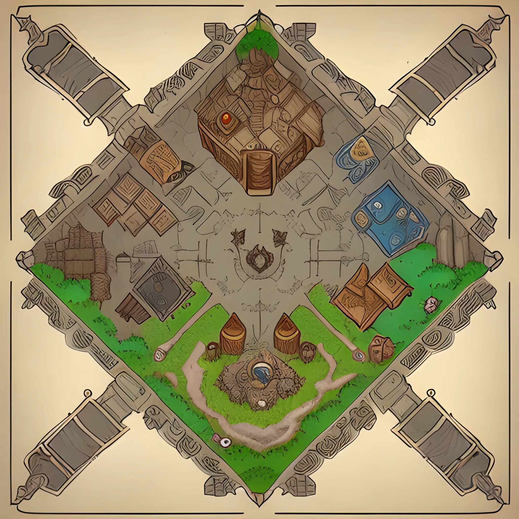 dnd map, map patreon, fantasy maps, foundry vtt, fantasy grounds, aerial view ,dungeondraft , tabletop, inkarnate, roll20, A high detailed isometric vector art presenting an aerial view of a RPG room by Transistor, dofus, Bastion, pyre, hades, Patreon content, containing tables and walls, HD, straight lines, grid, , Cartoon