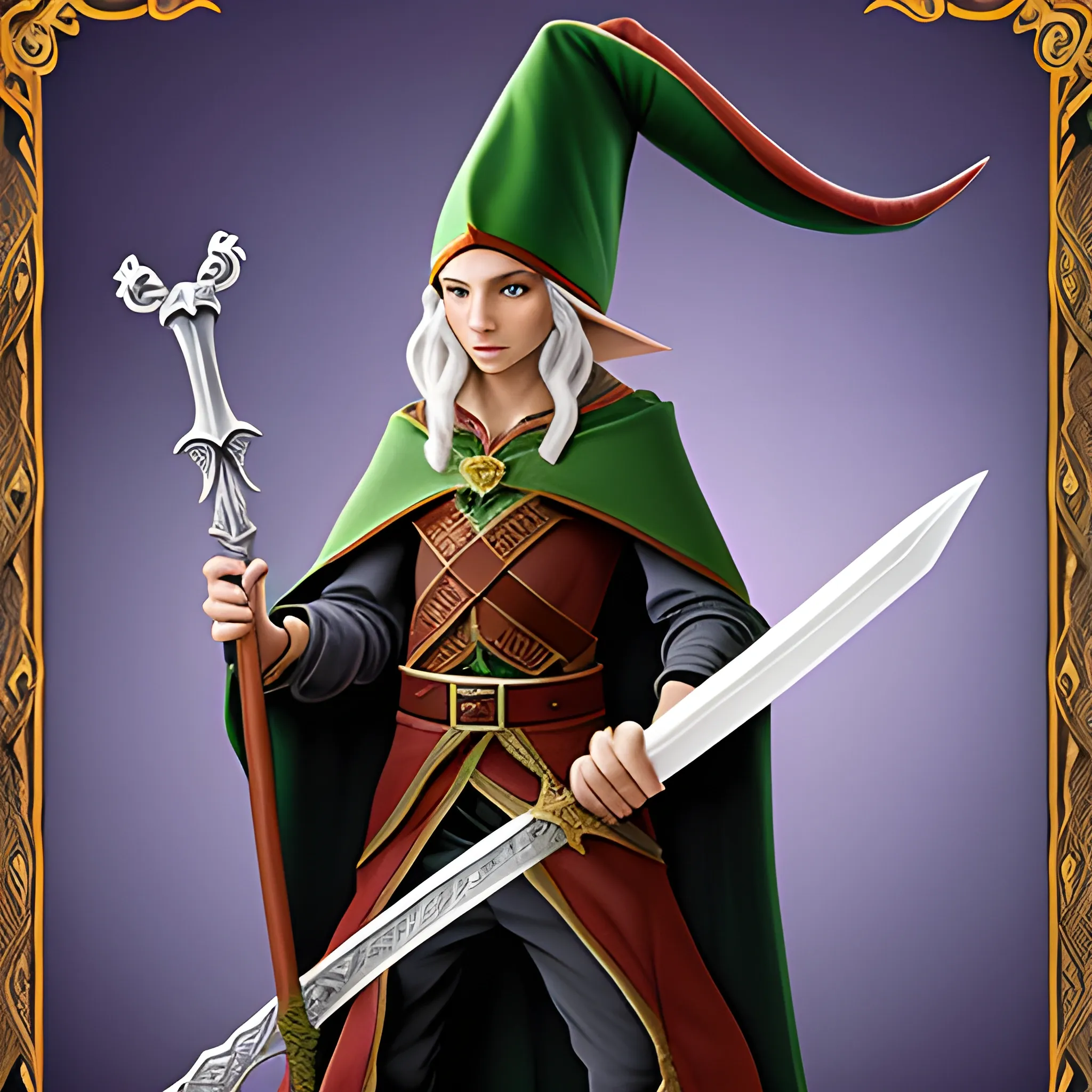 elf wizard with big hat and sword