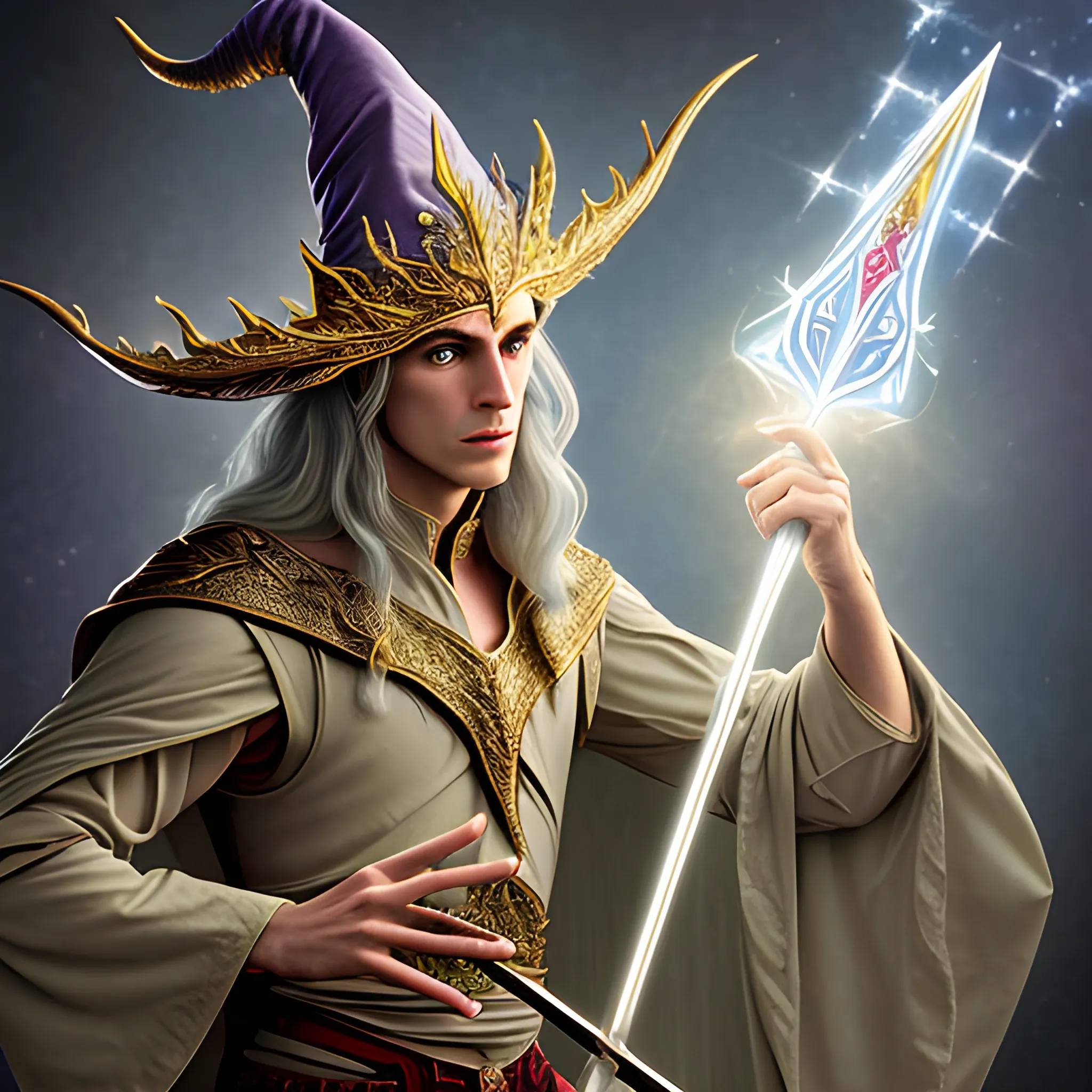 Behold the magnificent portrayal of an ethereal elven wizard adorned with an extravagant hat that reaches for the heavens wielding a gleaming rapier as his chosen instrument of arcane might 