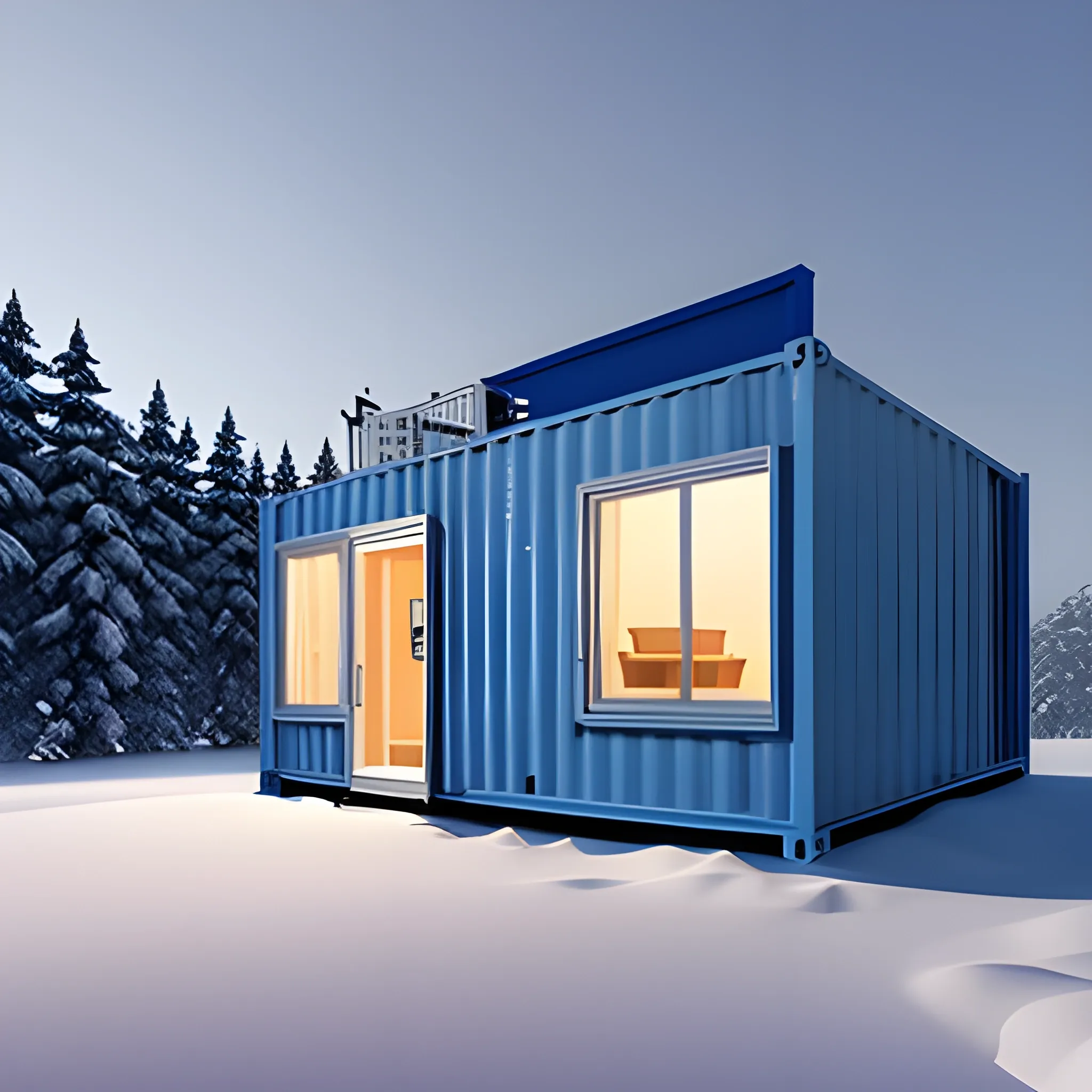 container home, snow landscape, 