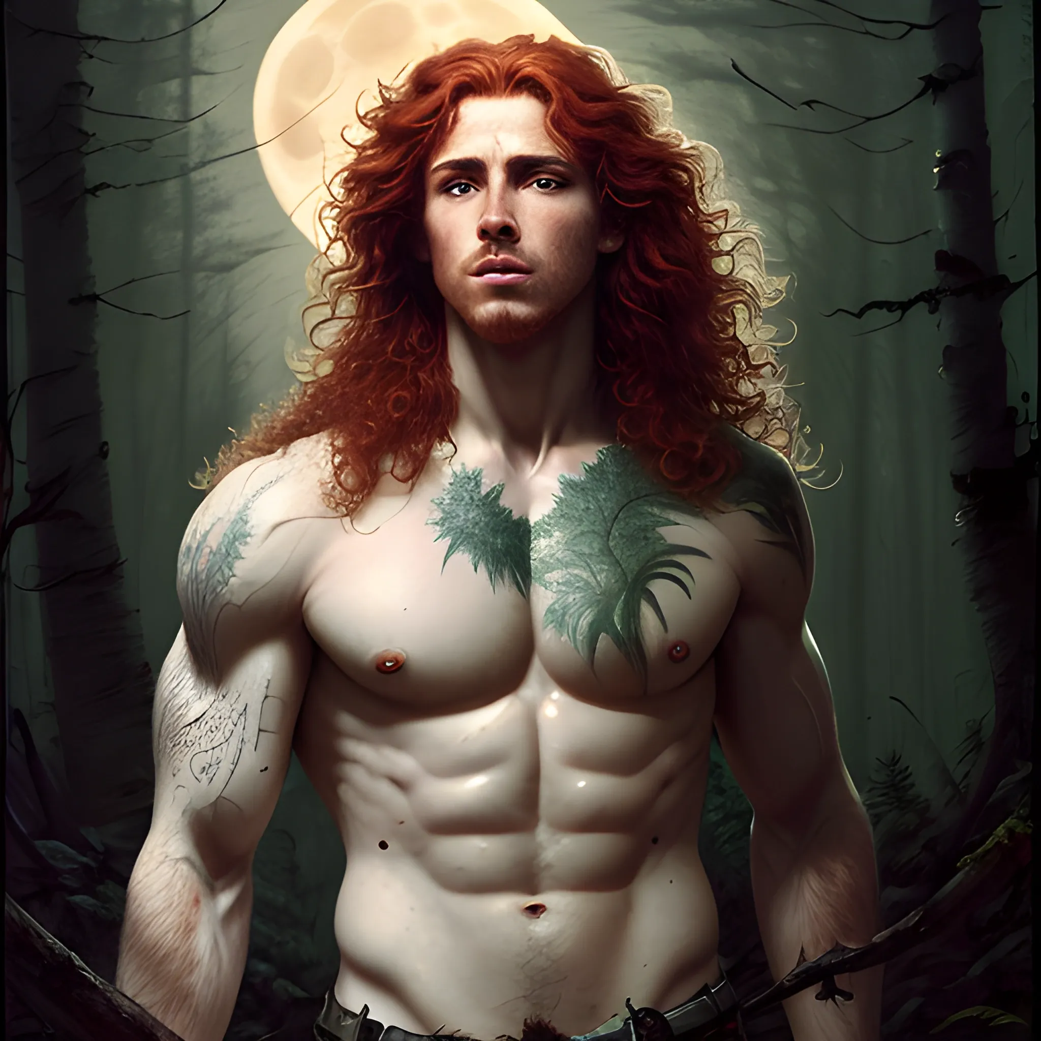 Attractive male, long red curly hair, chiseled, handsome, freckles, perfect face, hyperdetailed eyes and an athletic, masculine body, under a painted neblua sky, full moon; deep forest, spooky ambiance, by gaston bussiere, craig mullins, j. c. leyendecker