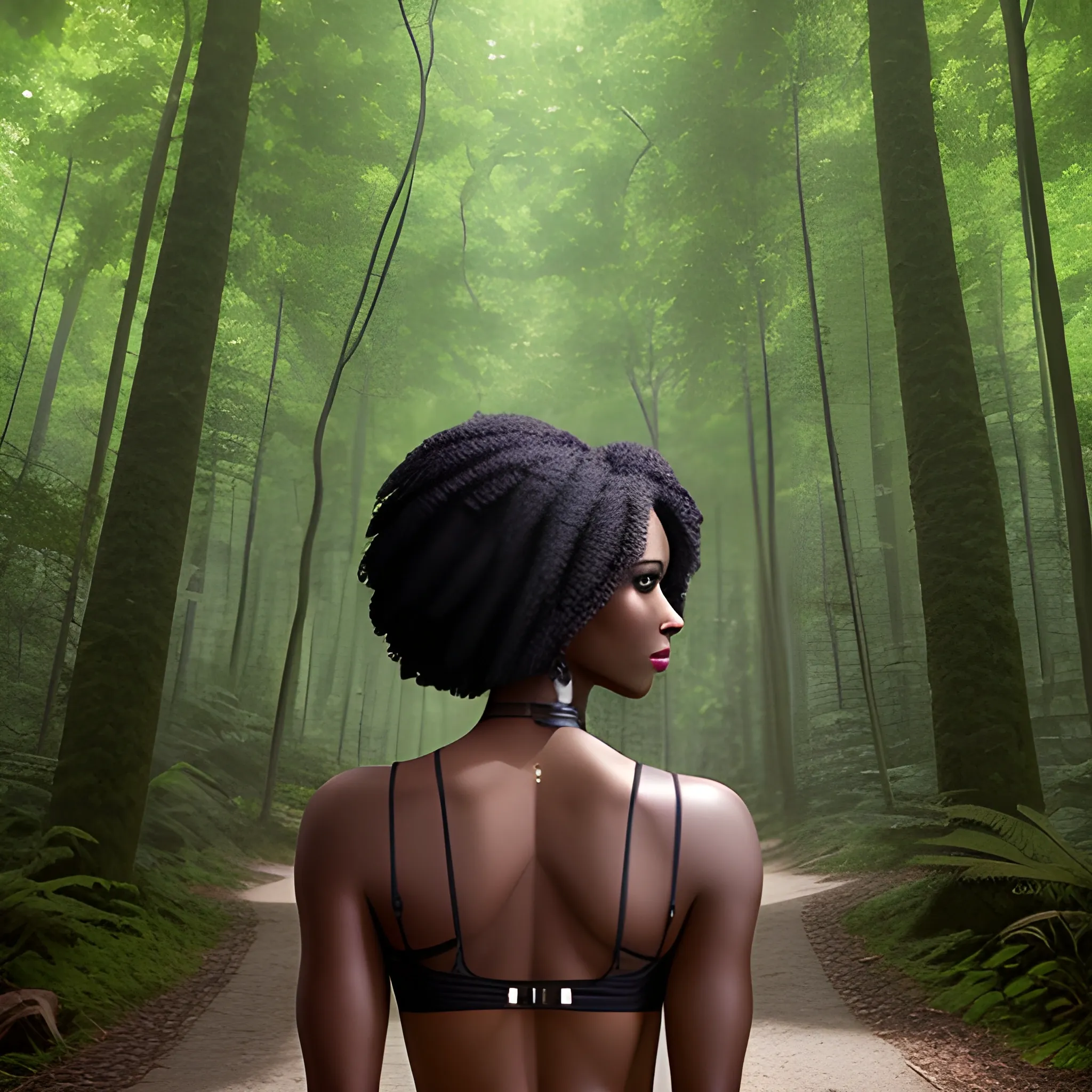 a woman in a forest with her back to the camera and a man in the background, breasts, looking_at_viewer, short_hair, multiple_girls, black_hair, 2girls, bare_shoulders, jewelry, medium_breasts, underwear, standing, panties, ass, earrings, outdoors, parted_lips, solo_focus, day, looking_back, dark_skin, from_behind, dark-skinned_female, tree, lips, crop_top, back, nature, armlet, forest, thong, realistic, bracer