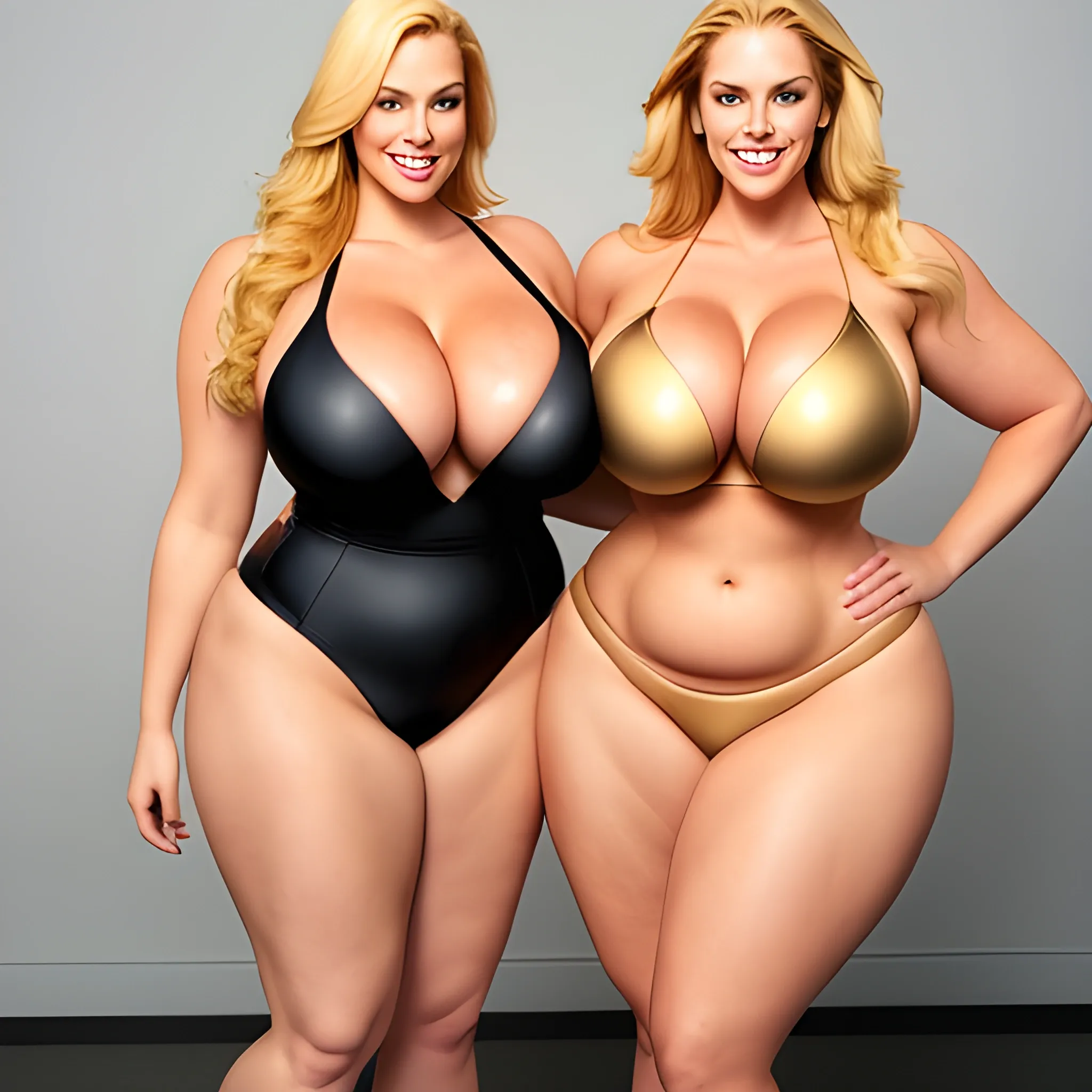 massive and very tall, smiling, plus size, european blonde woman, broad shoulders, round breasts, slightly muscular, golden blonde hair, full voluptuous hourglass body and long big thighs and big legs in bikini, athletic, standing in room next to her young blonde daughters with the same bodytype hugging her