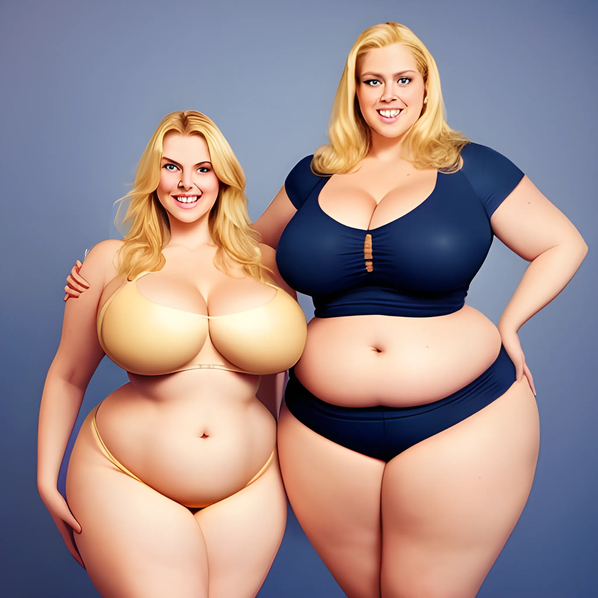 two massive and very tall, smiling, plus size, european blonde women, broad shoulders, round breasts, slightly muscular, golden blonde hair, full voluptuous hourglass body and long big thighs and big legs, athletic, dancing in room