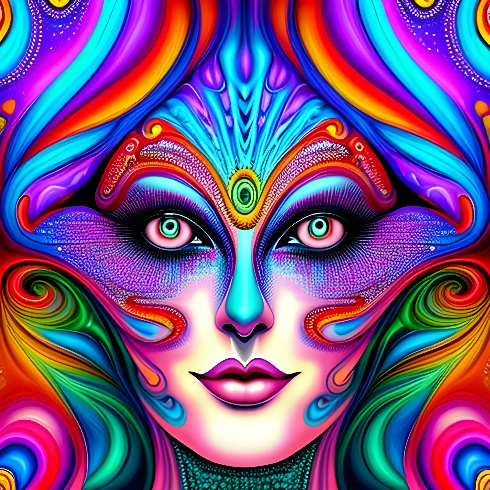 Enigmatic Dream based on colorful fractals. the face of a beautiful girl is visible in the background., Trippy