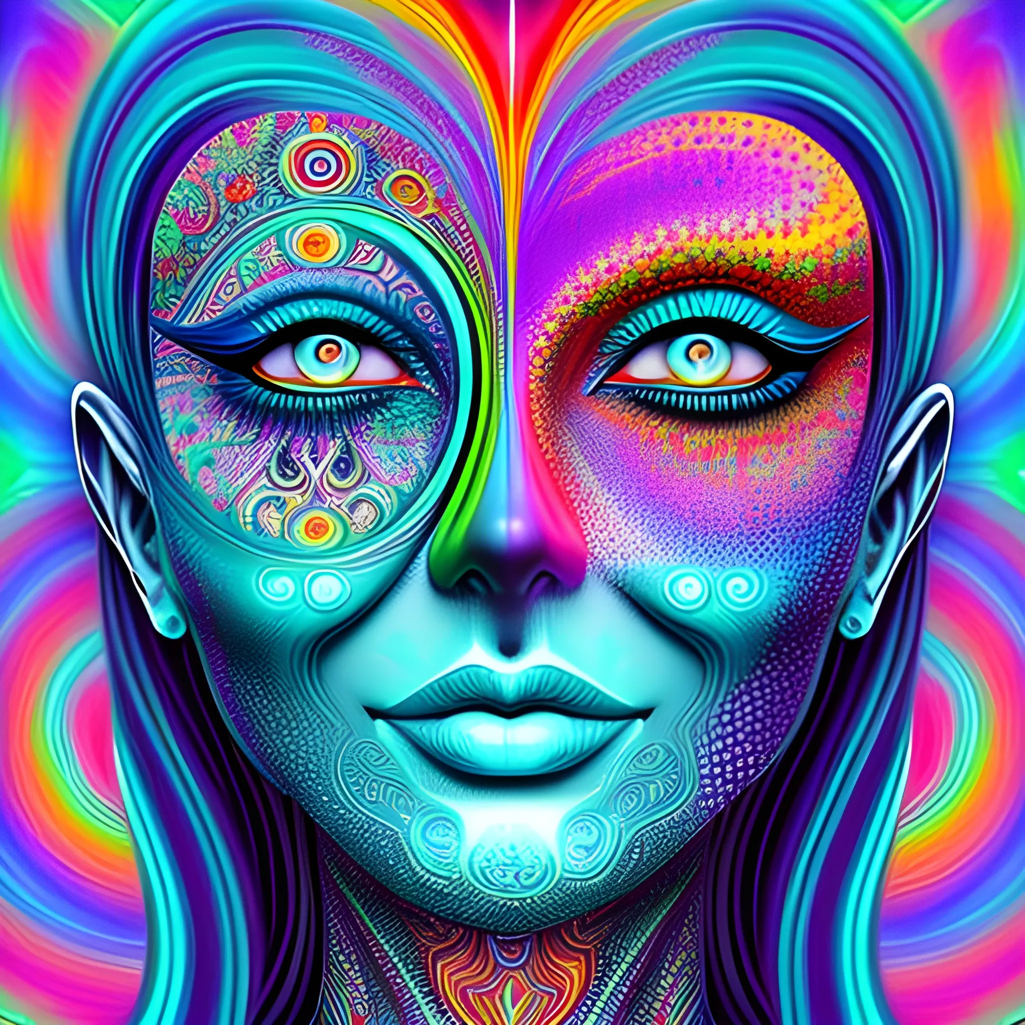 Enigmatic Dream based on colorful fractals. the face of a beautiful girl is visible in the background., Trippy, 3D