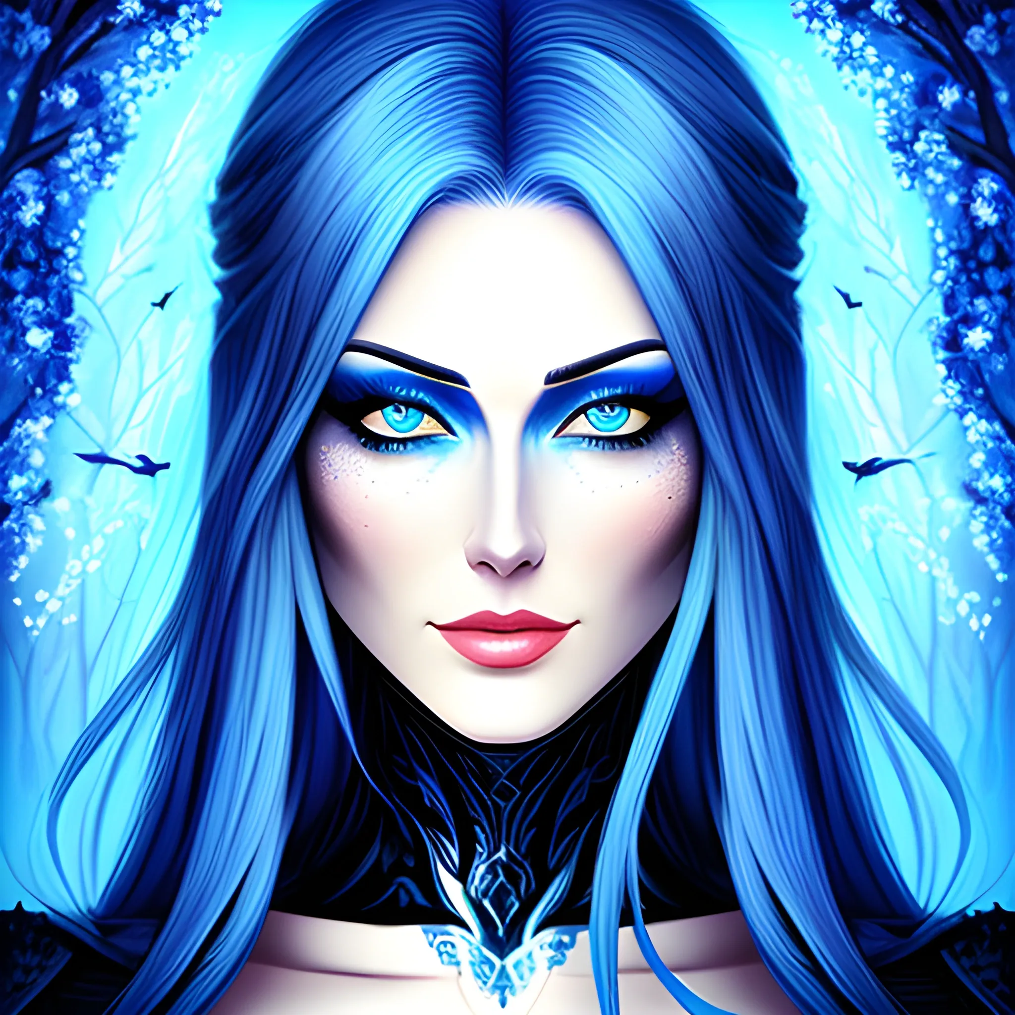 Beautiful girl with blue eyes, high detail, blue scene, hauntingly beautiful illustration