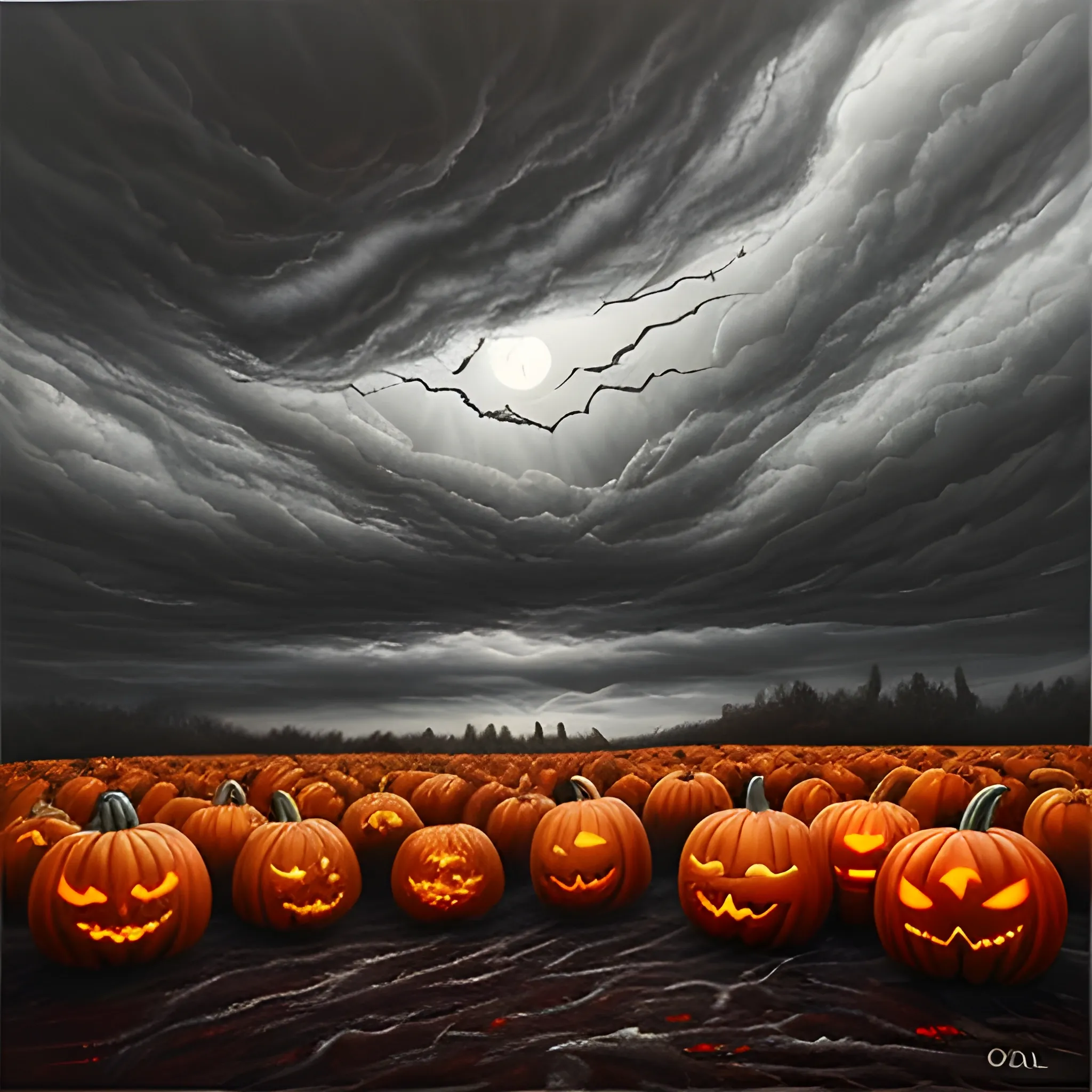  realistic twisted scary pumpkins landscape, goth art, creepy, dark clouds, , Oil Painting