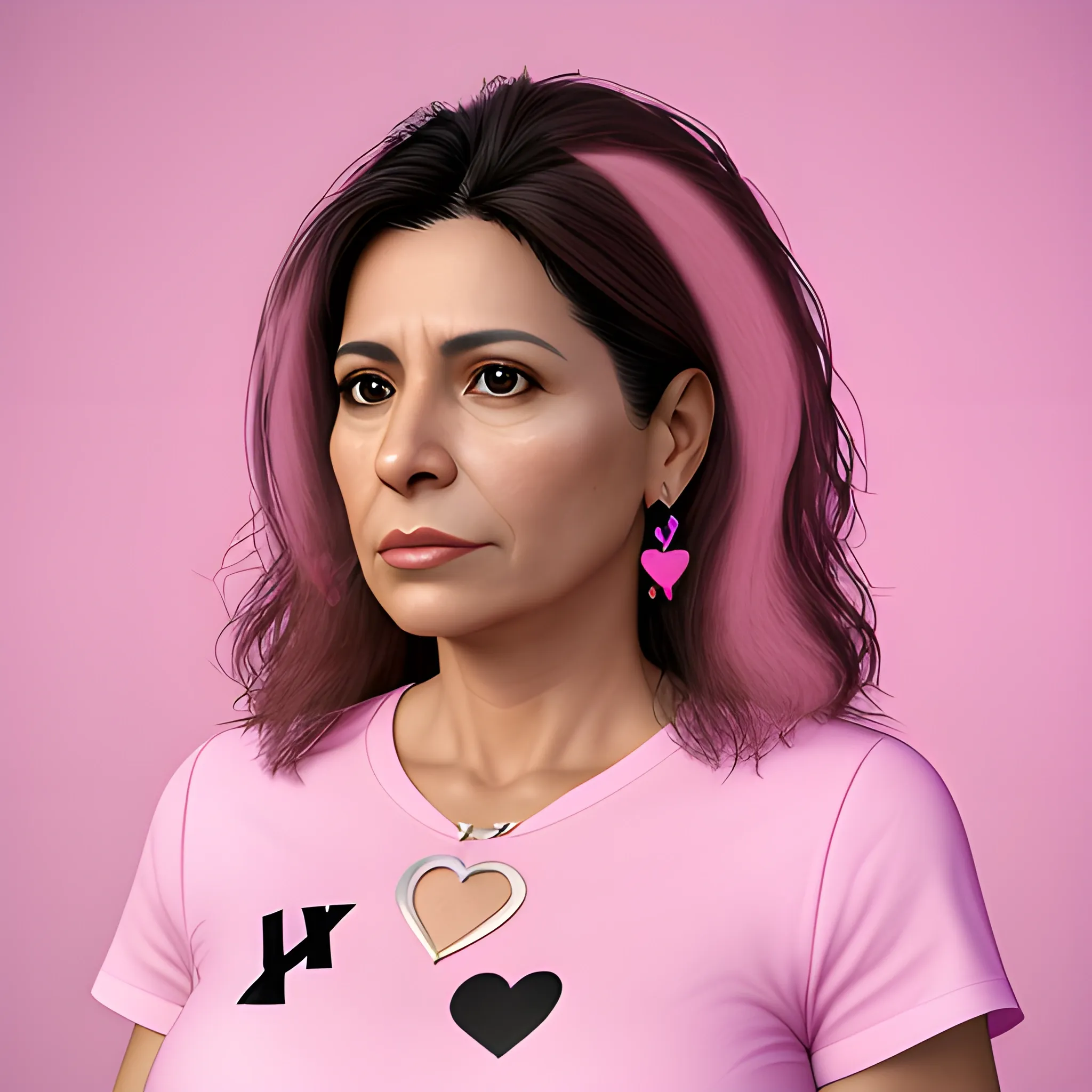 A realistic 16k image of a Latina woman in her late thirties looking straight ahead and wearing a pink shirt with a white heart and an X in the center
