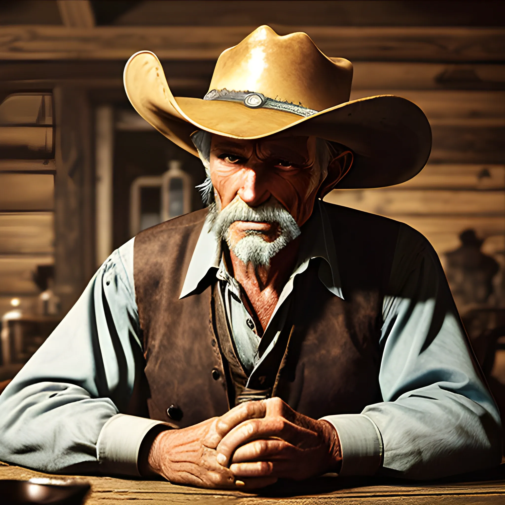 an older cowboy sitting in a saloon drinking a cup of coffee