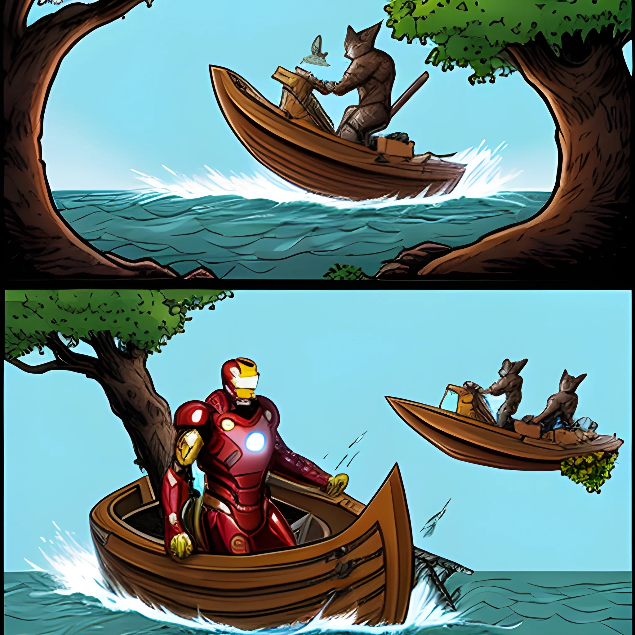 Iron man then eats a tree with a boat on it and a fox comes and attacks  the goblin