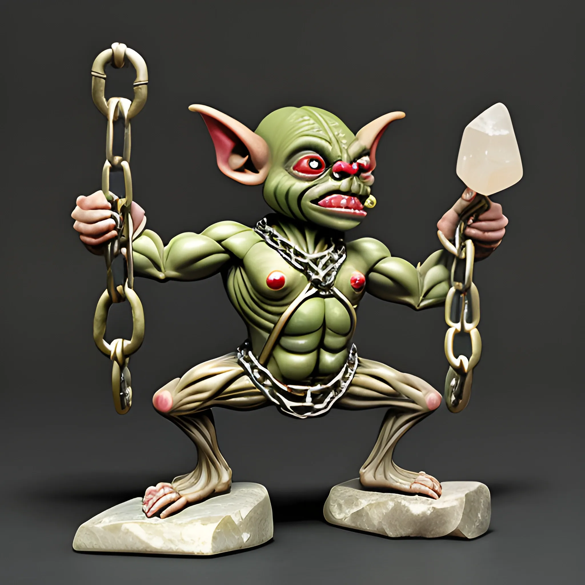 A goblin with lots of muscles holding a piece of quartz, its arms and legs are chained up