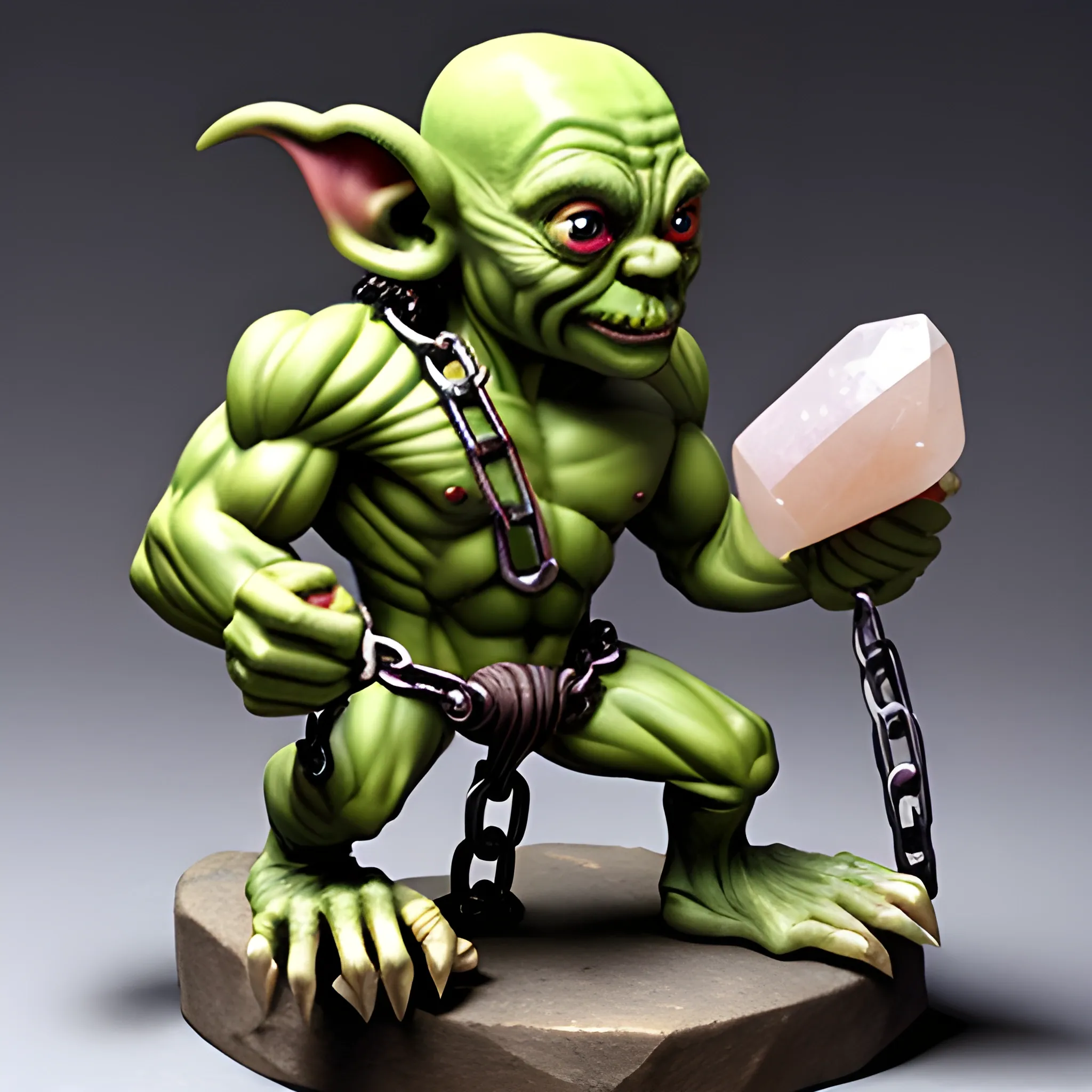 A goblin with lots of muscles holding a piece of quartz, its arms and legs are chained up