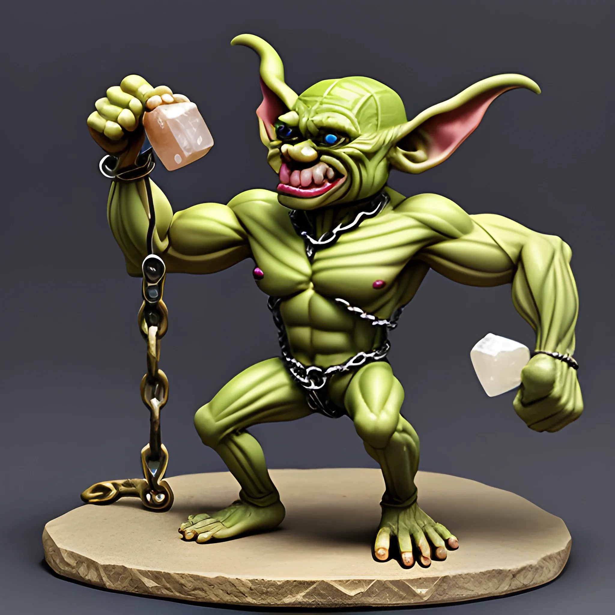 A goblin with lots of muscles holding a piece of quartz, its arms and legs are chained up