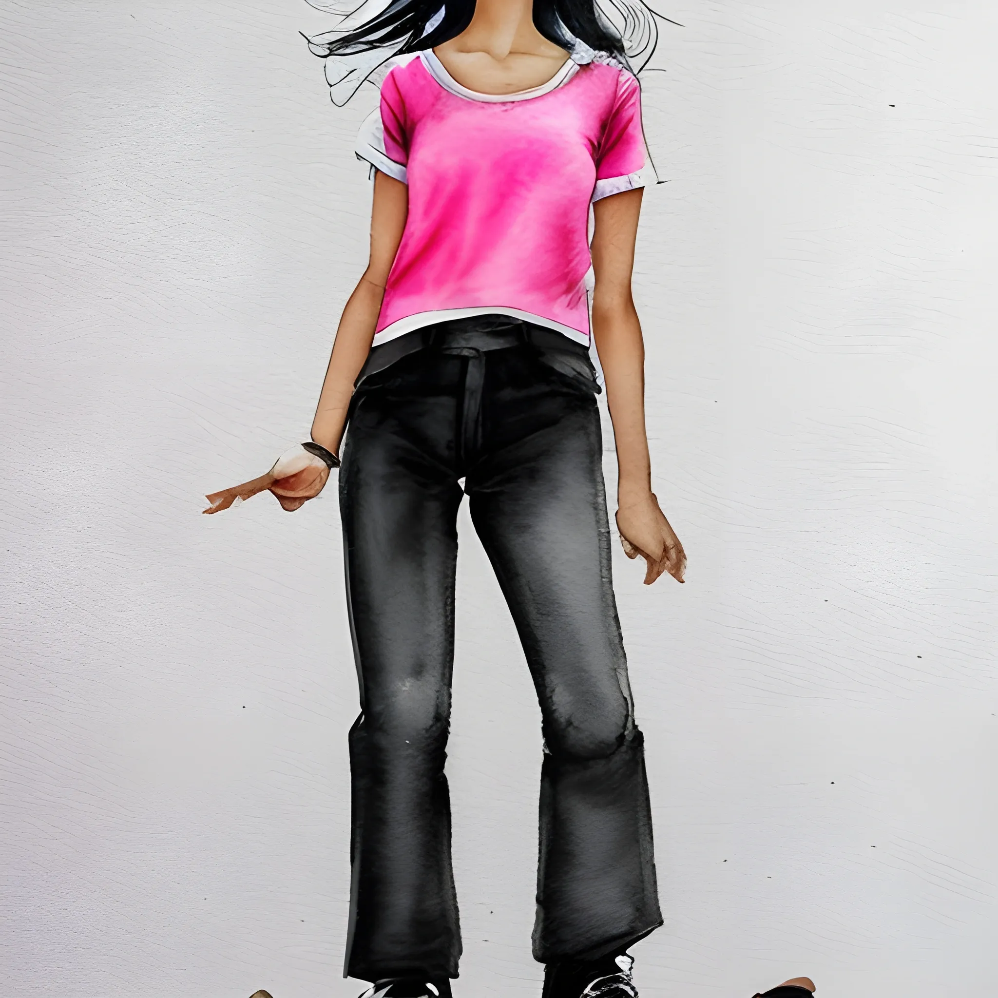 Mujer en patines con blusa de 3 franjas verticales de color rosa, blanco y negro, Water Color