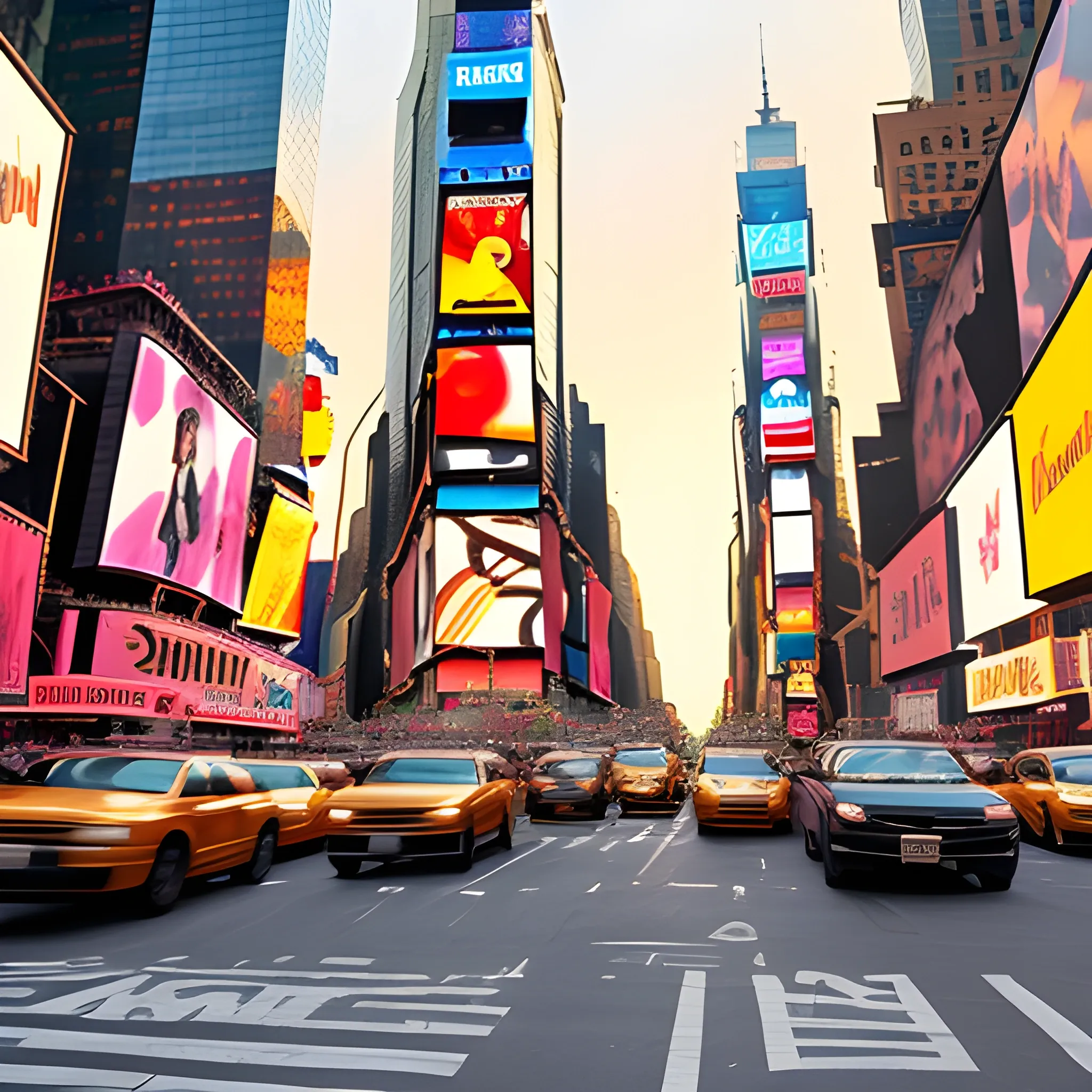 times square, new york, manhattan, photo real, background, people, 4k, golden hour, sunset, no cars, Film Grain, HD, Canon50