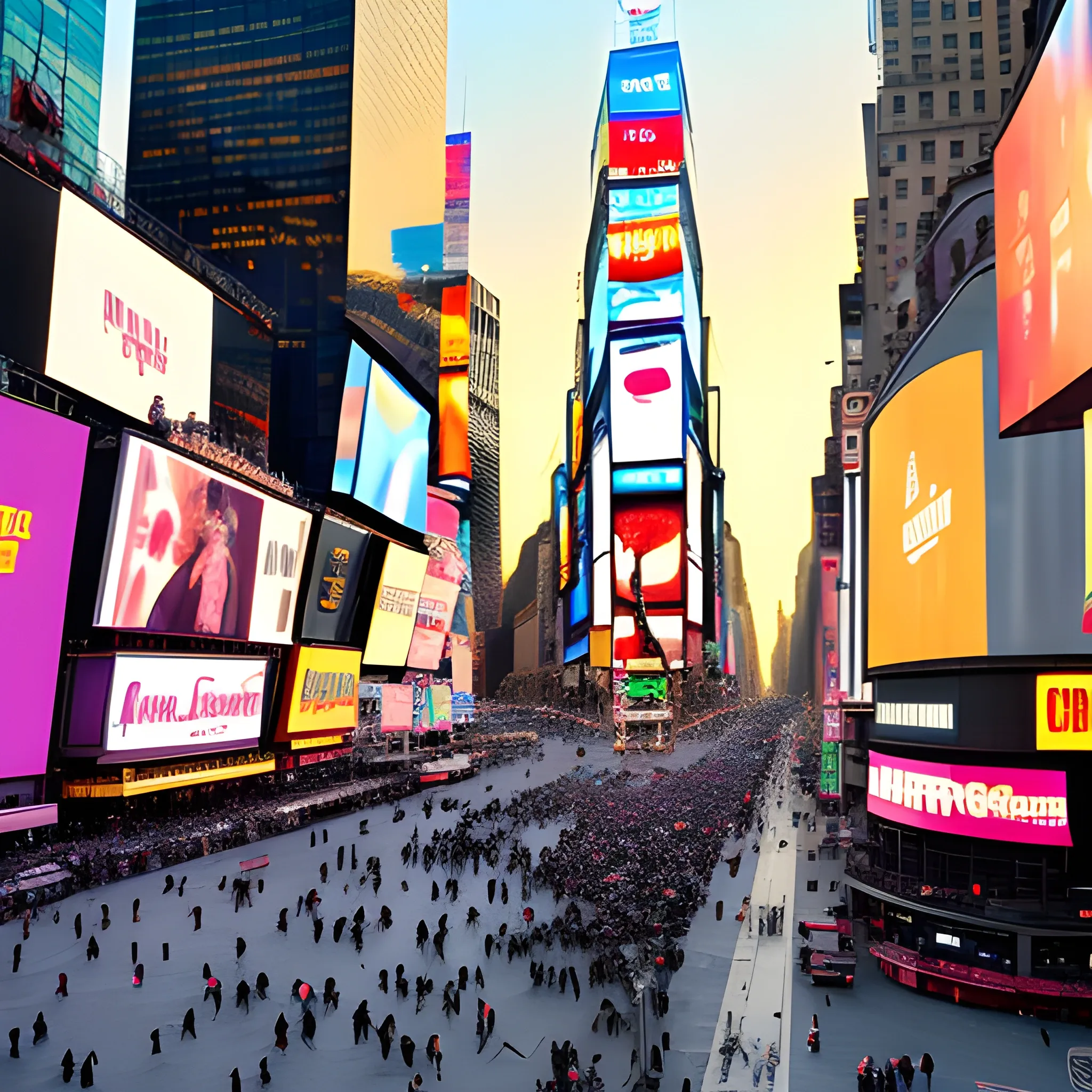 times square, new york, manhattan, photo real, background, people, 4k, golden hour, sunset, no cars, Film Grain, HD, Canon50, television news