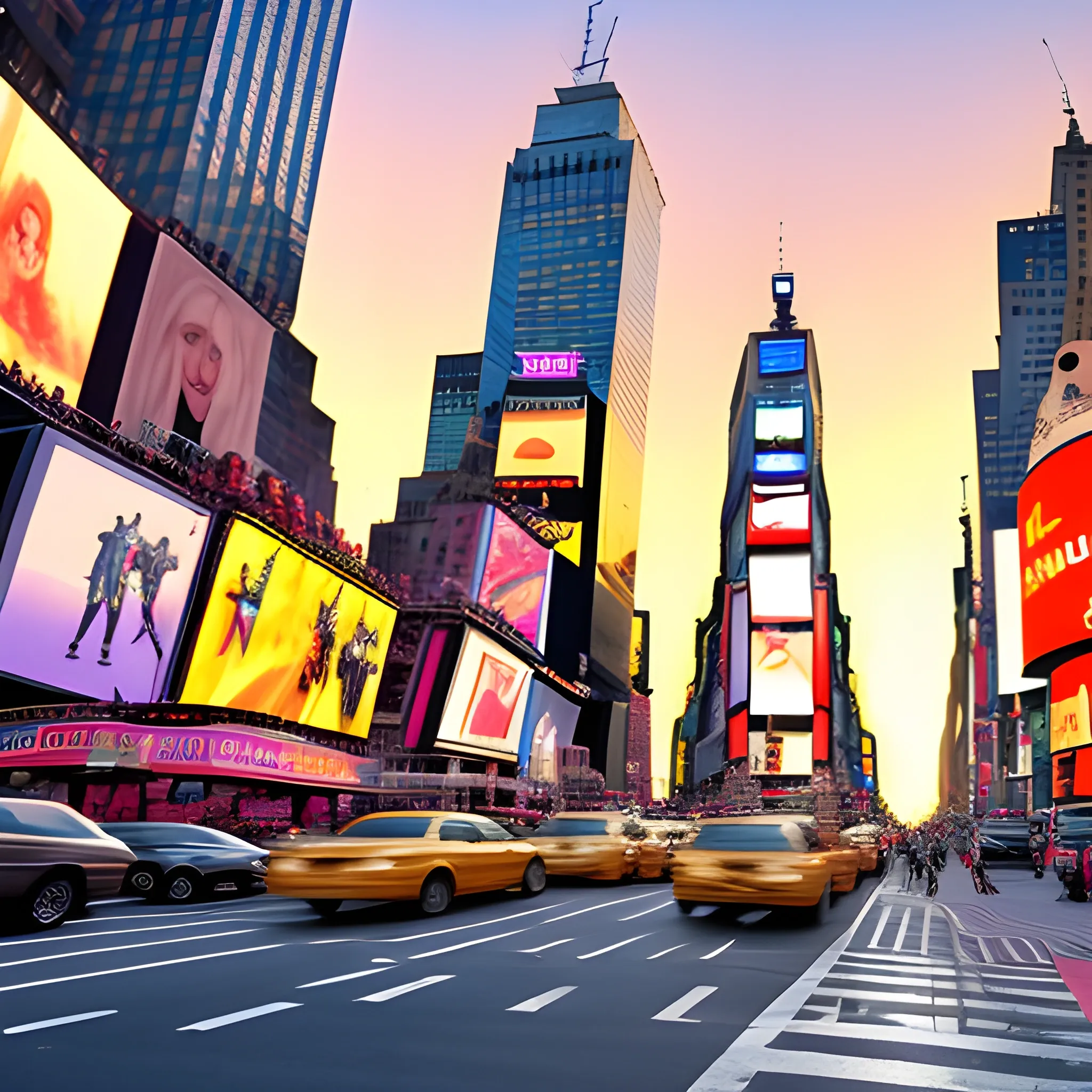 times square, new york, manhattan, photo realistic, background, people, 4k, golden hour, sunset, no cars, Film Grain, HD, Canon50, television news