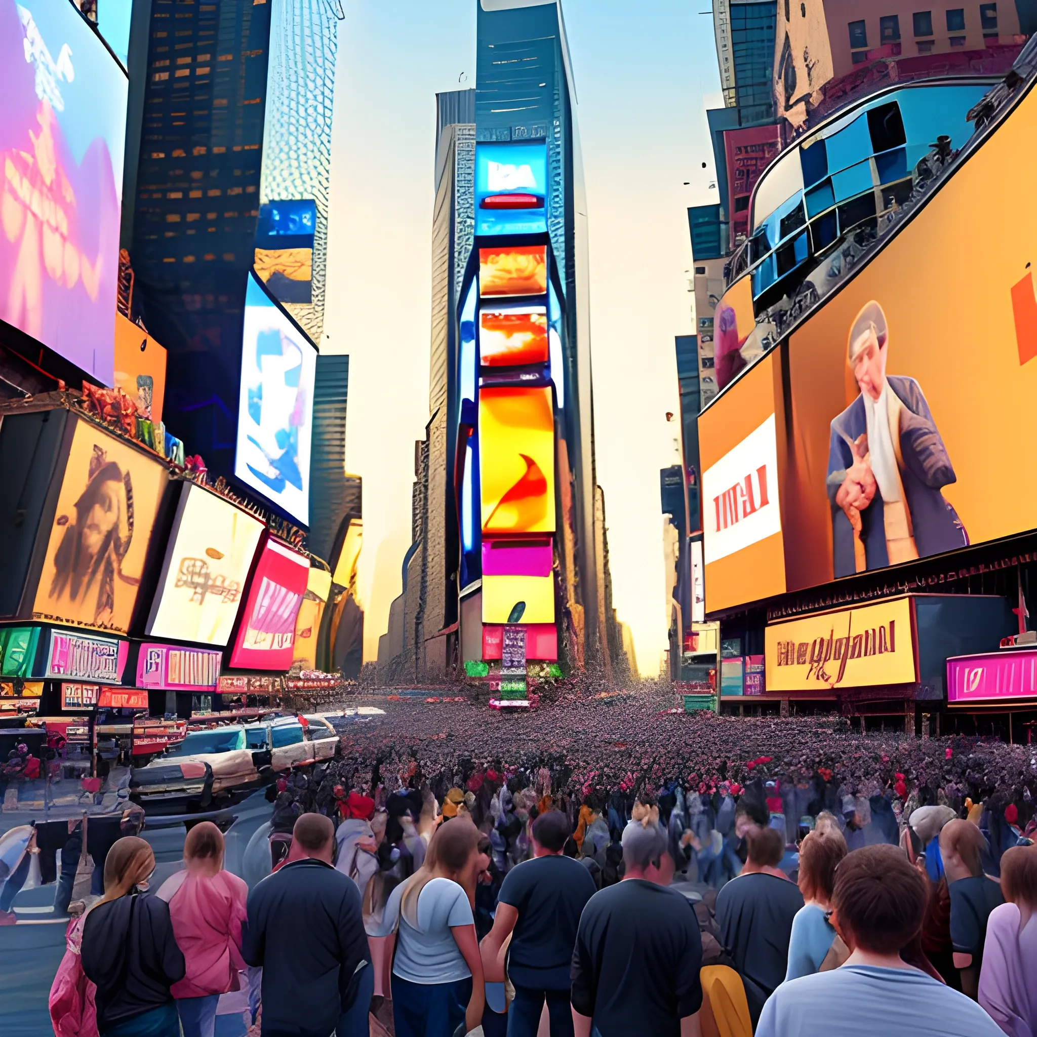 times square, new york, manhattan, photo realistic, background, people, 4k, golden hour, sunset,  Film Grain, HD, Canon50, television news