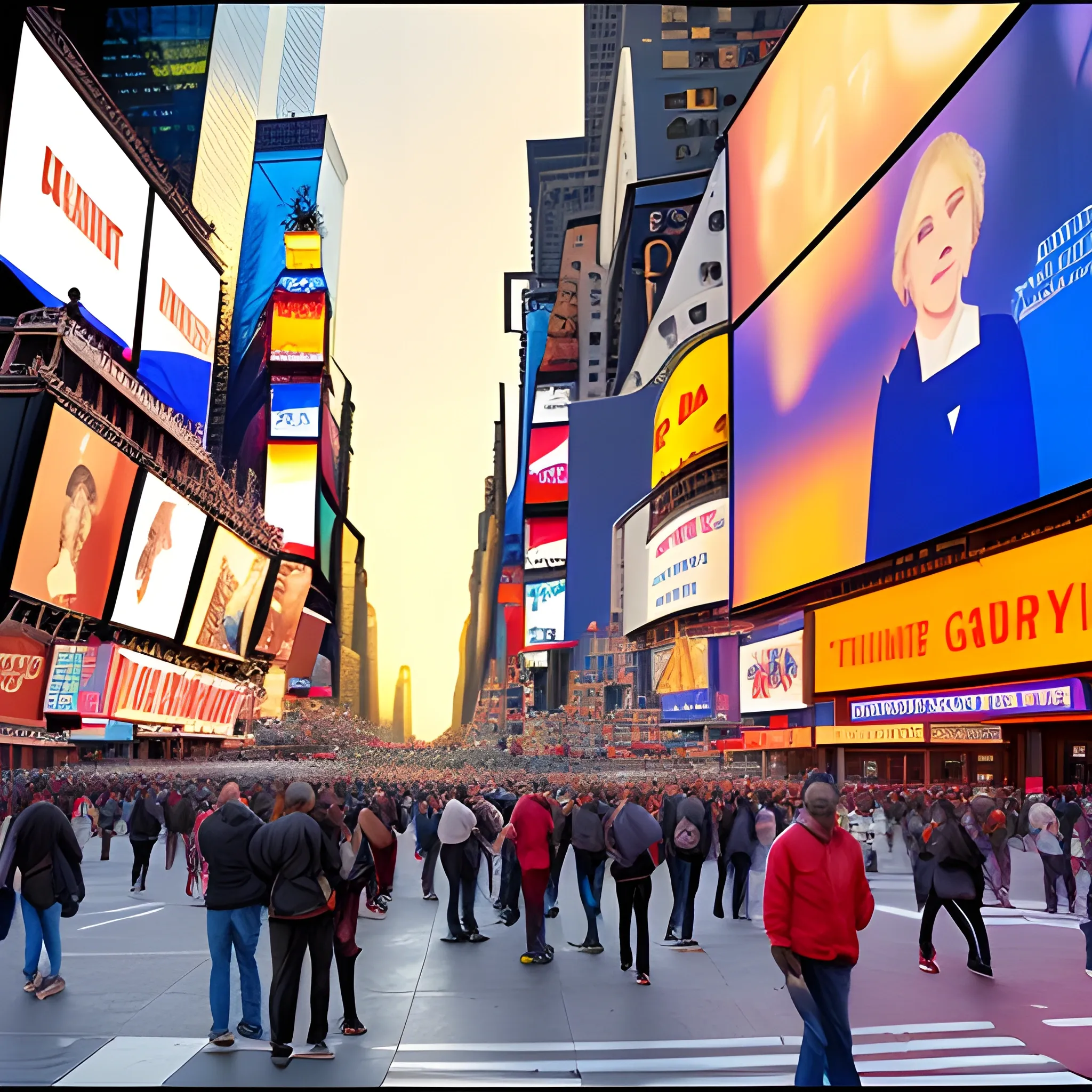 times square, new york, manhattan, photo realistic, background, people, 4k, golden hour, sunset,  Film Grain, HD, Canon50, television news, eye level