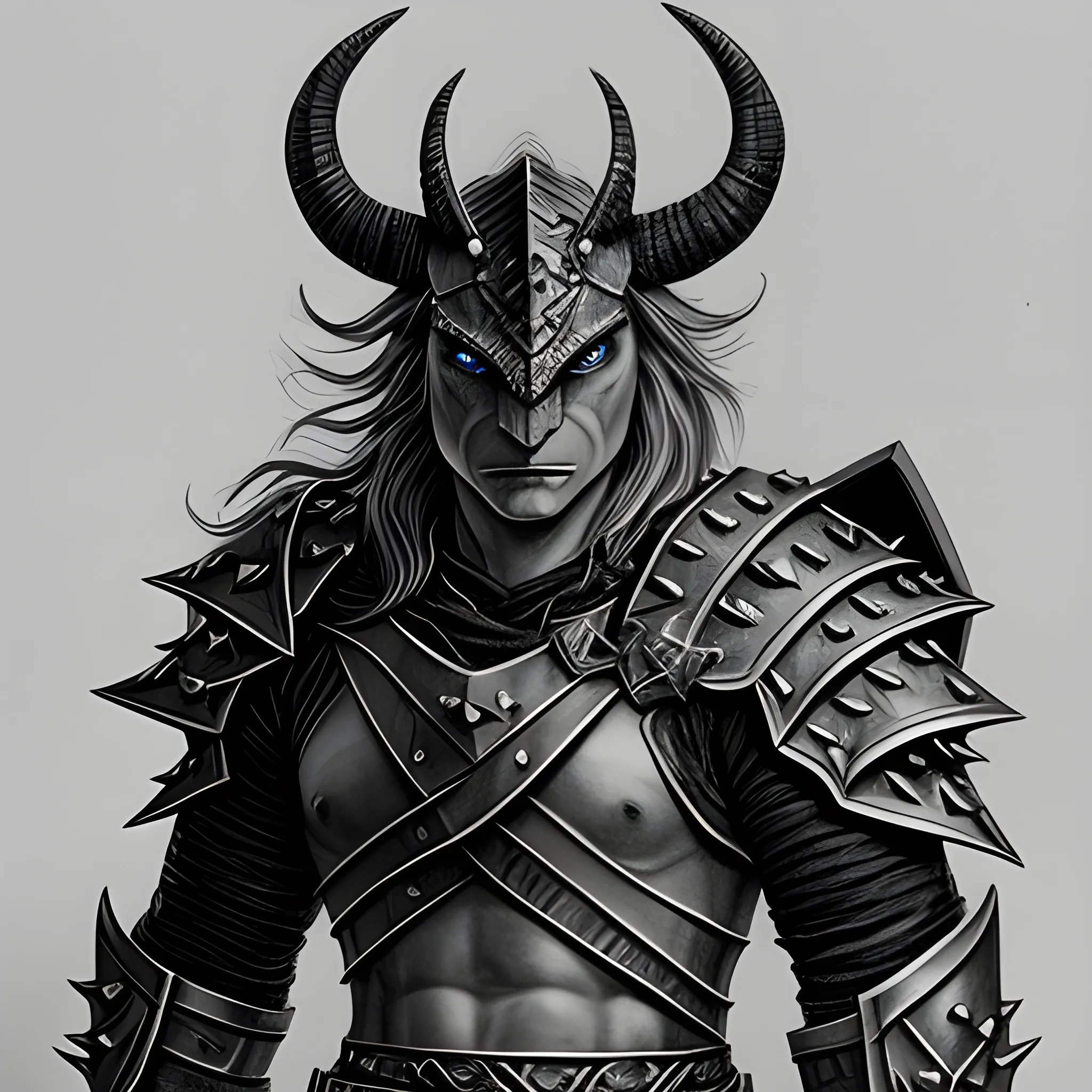 Dragonborn, Paladin, red skin, blue eyes ,spiked horns, dnd artstyle,male, Pencil Sketch
