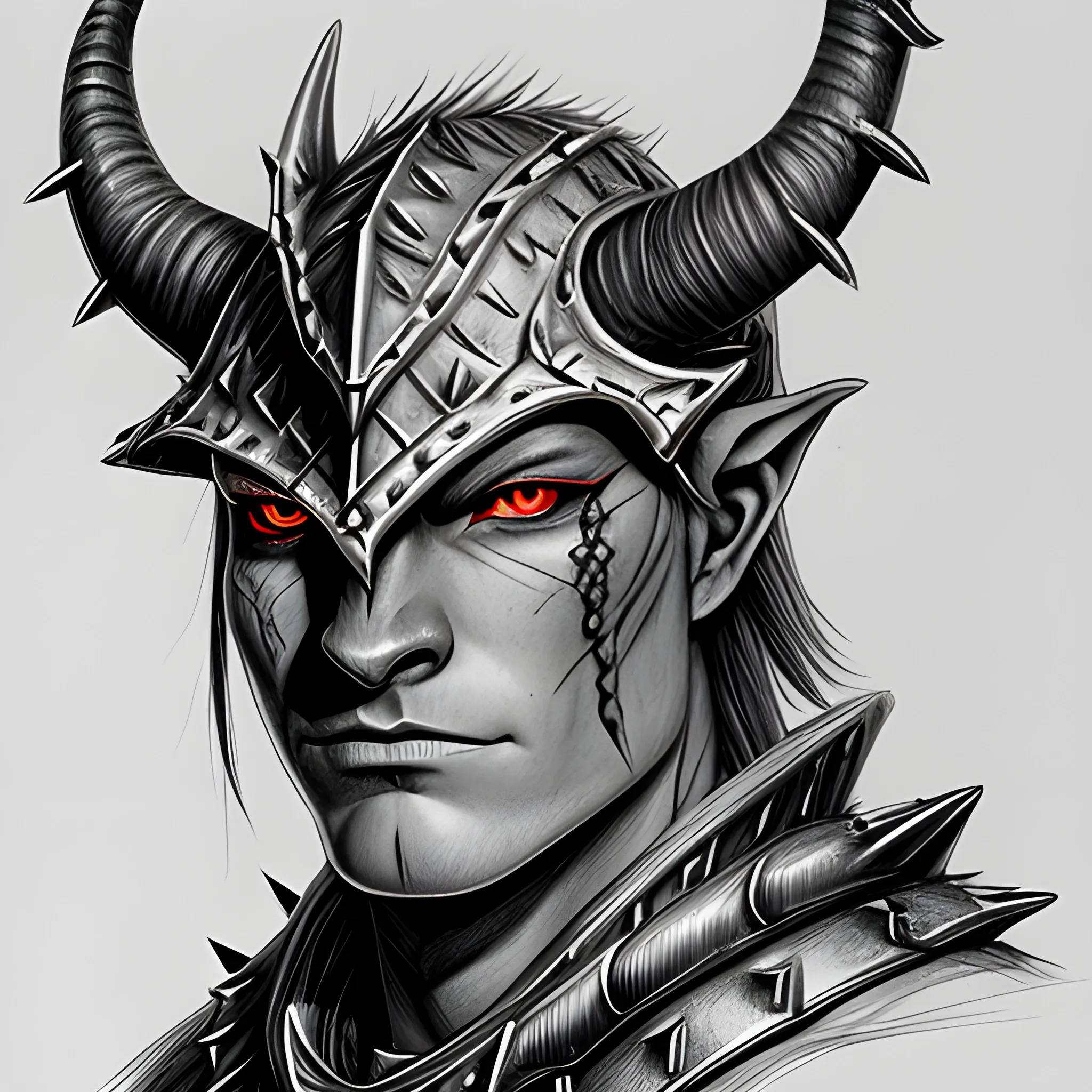 red skin, blue eyes,dragonborn,paladin,6'1, spiked horns, dnd  artstyle, Pencil Sketch