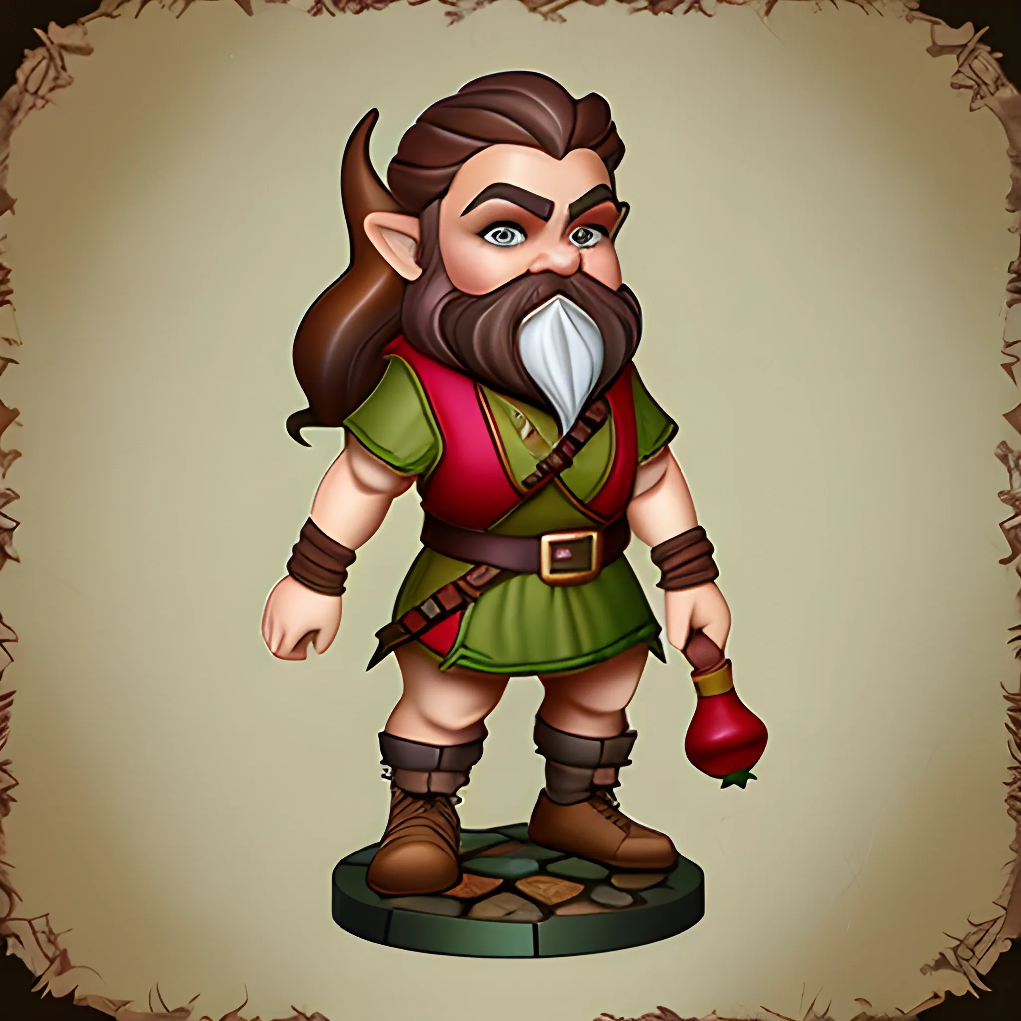 tan skin, green eyes, light brown hair, gnome, rouge, 44 years old, dnd art style