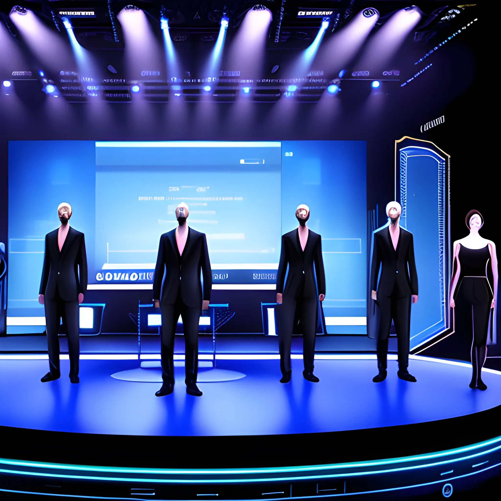 A virtual view of a group dynamic of 5 people without texture, in a server environment with some touches of binary code on the stage, with blue monitor lighting