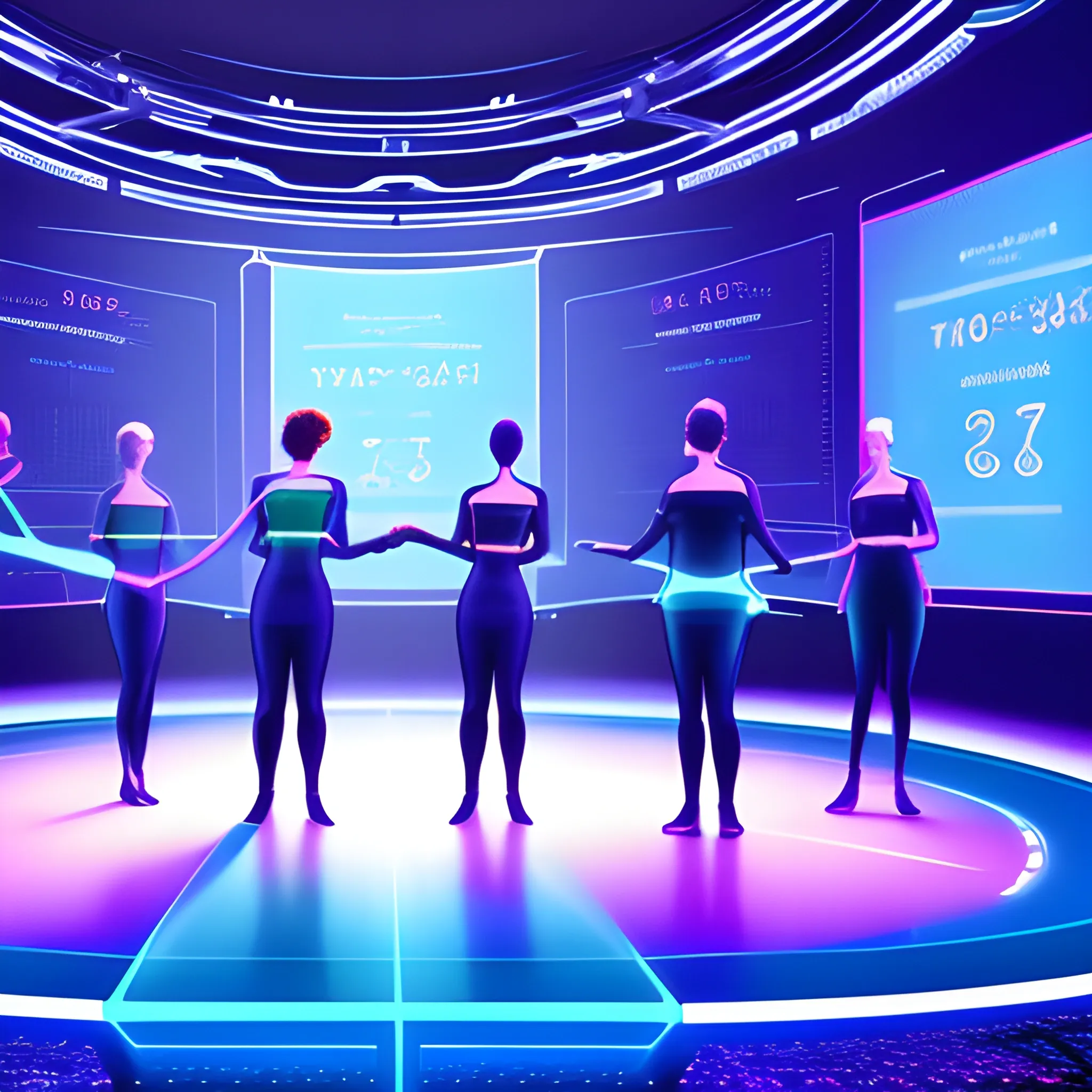 A virtual view of a group of 5 textureless people taking class, with a holographic teacher, in a server environment with some touches of binary code on the stage, with blue monitor lighting