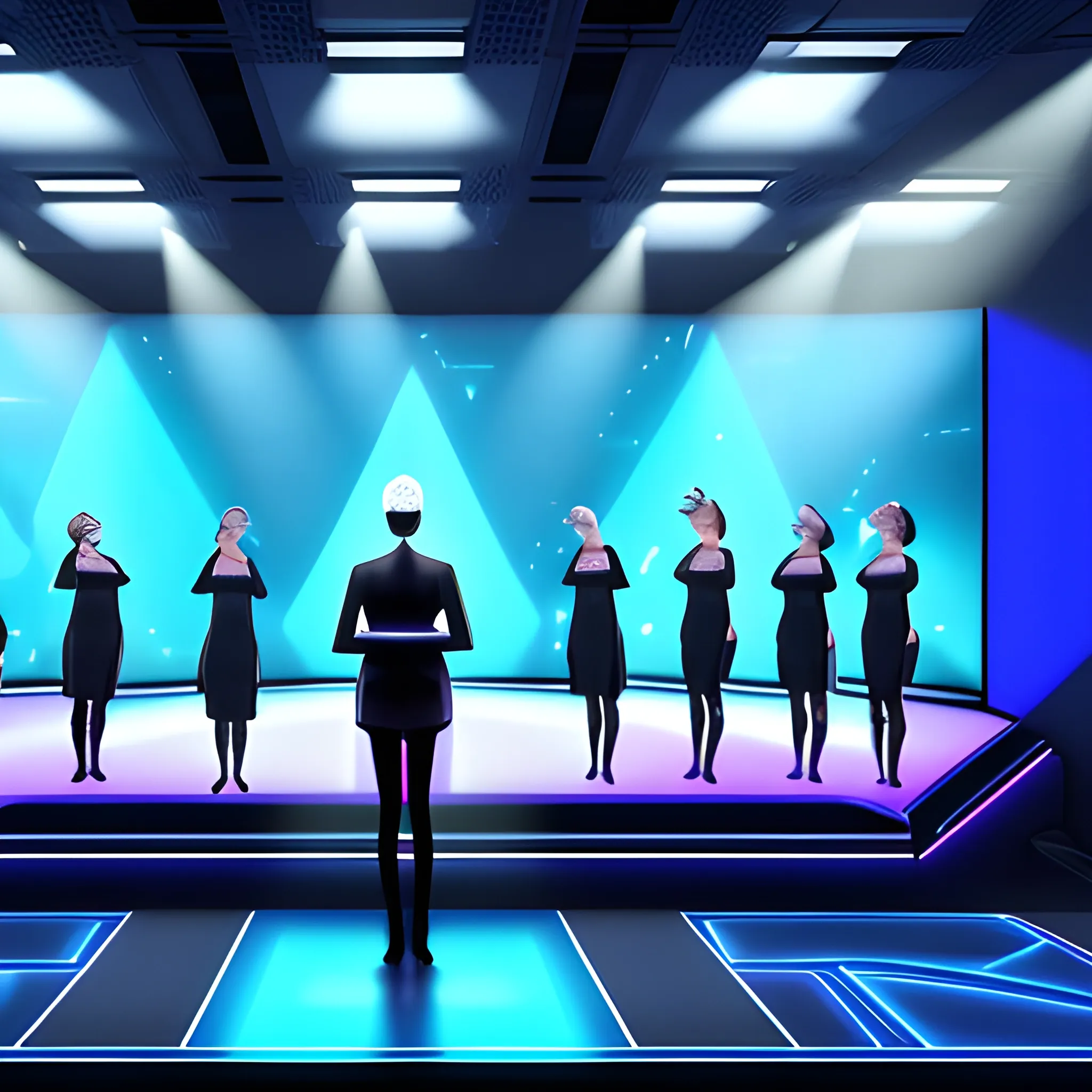 A virtual view of a group of 5 textureless people taking class, with a holographic teacher, in a server environment with some touches of binary code on the stage, with blue monitor lighting