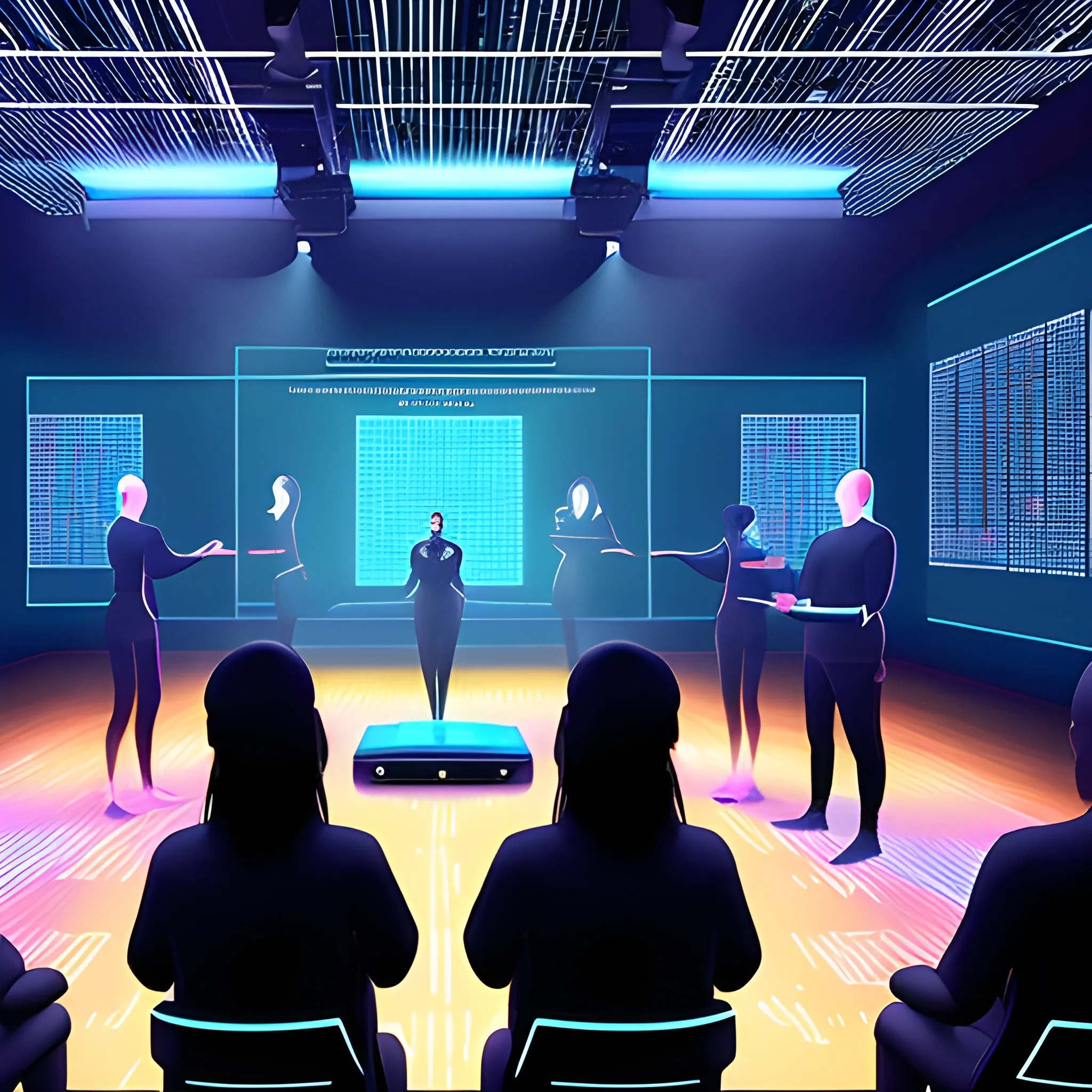 A virtual view of a group of 5 textureless people taking class, with a holographic teacher, in a server environment with some touches of binary code on the stage, with blue monitor lighting