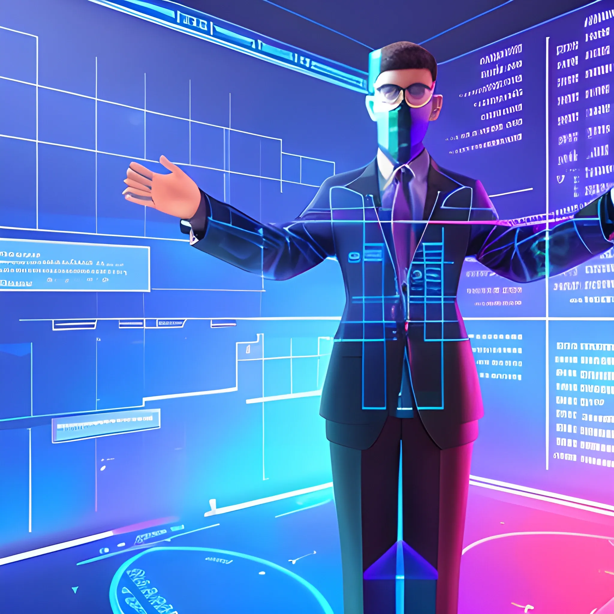 A virtual view of a holographic teacher, developing a topic with leads, in a server environment with some touches of binary code on the stage, with blue monitor lighting