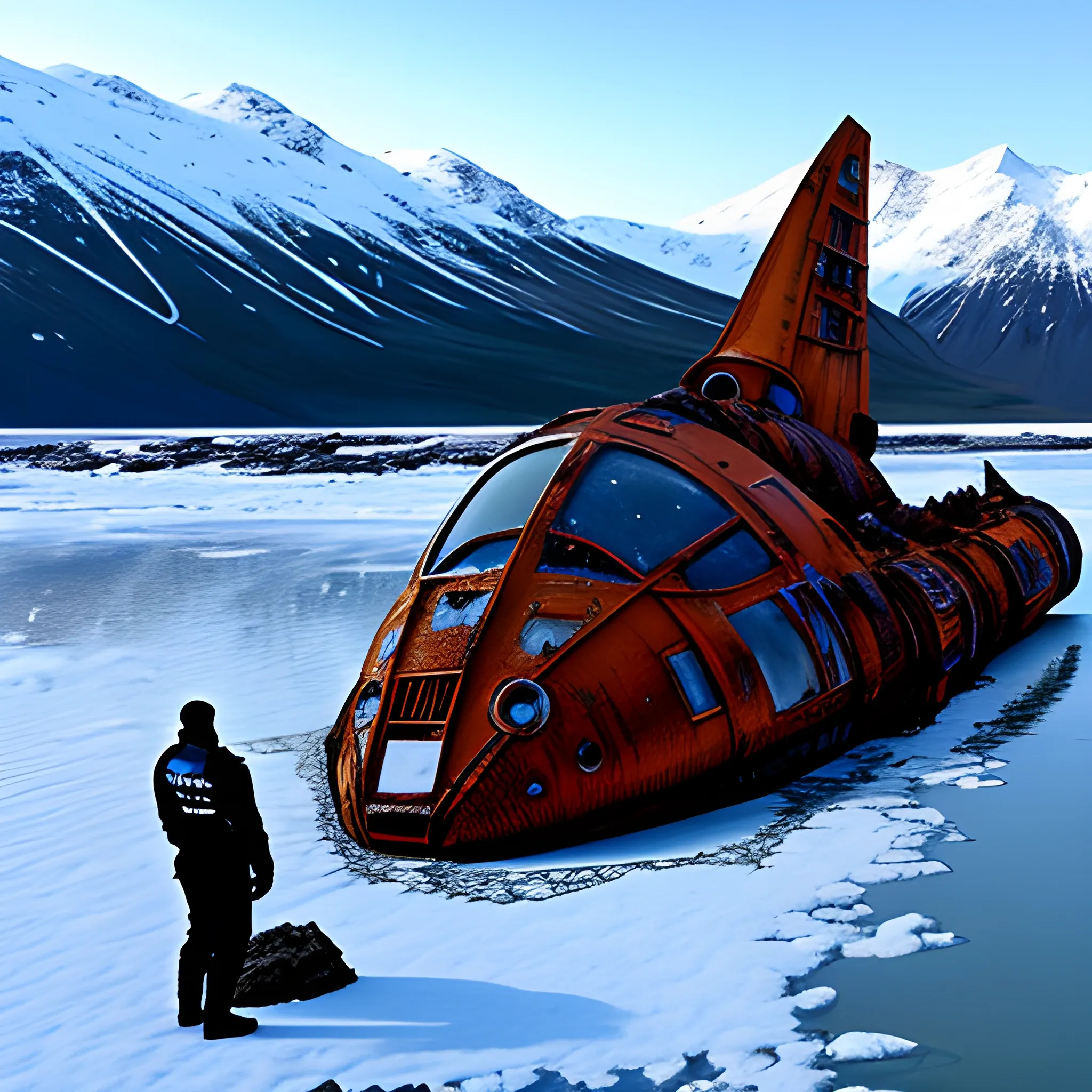 big rusty spaceship wreck crashed in a small lake on a cold tundra planet with snowy mountains, reflection in lake. Three astronauts outside the wreck. 