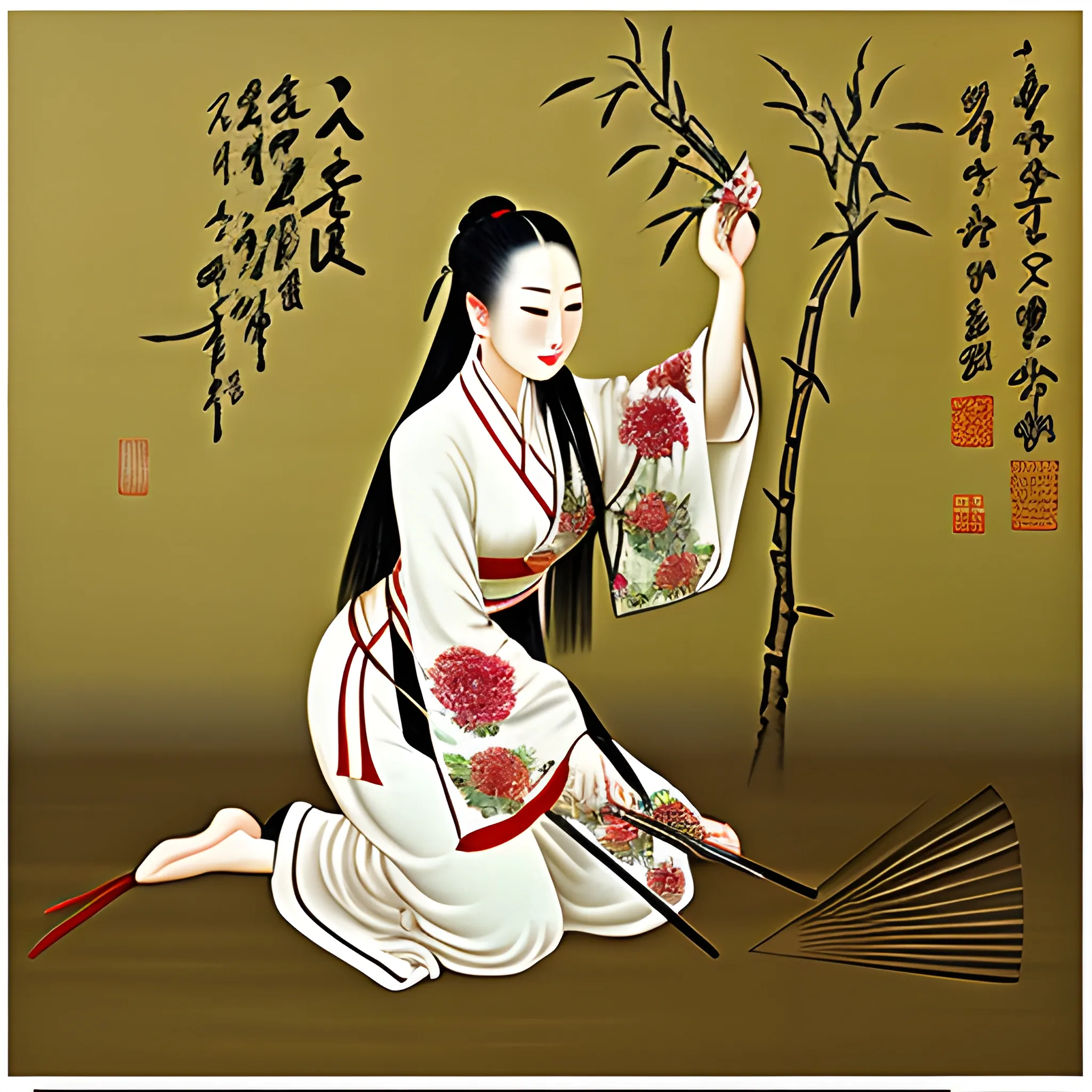 Lin Daiyu, a graceful and elegant young Chinese lady, burying flowers with a hoe in her hand, in the Rong Mansion's garden, her eyes filled with sorrow. a willow tree under which she buries the petals, and gentle sunlight casting shadows on the ground. early medieval art, graceful poses, gongbi painting、Chinese elaborate-style painting