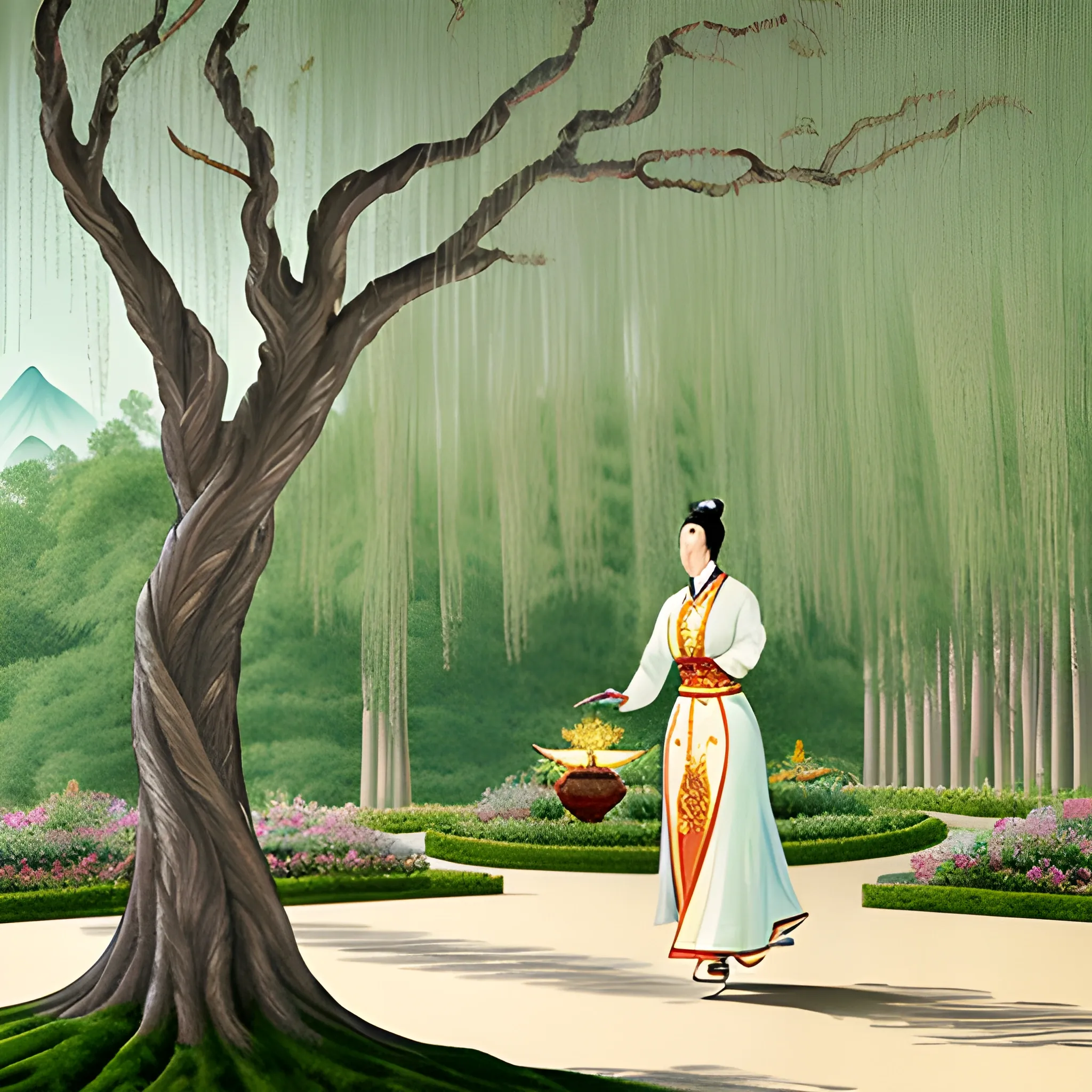 Lin Daiyu, a graceful and elegant young Chinese lady, riding a bike, in the Rong Mansion's garden, her eyes filled with happiness. a willow tree under which she rides, and gentle sunlight casting shadows on the ground. early medieval art, graceful poses, gongbi painting、Chinese elaborate-style painting