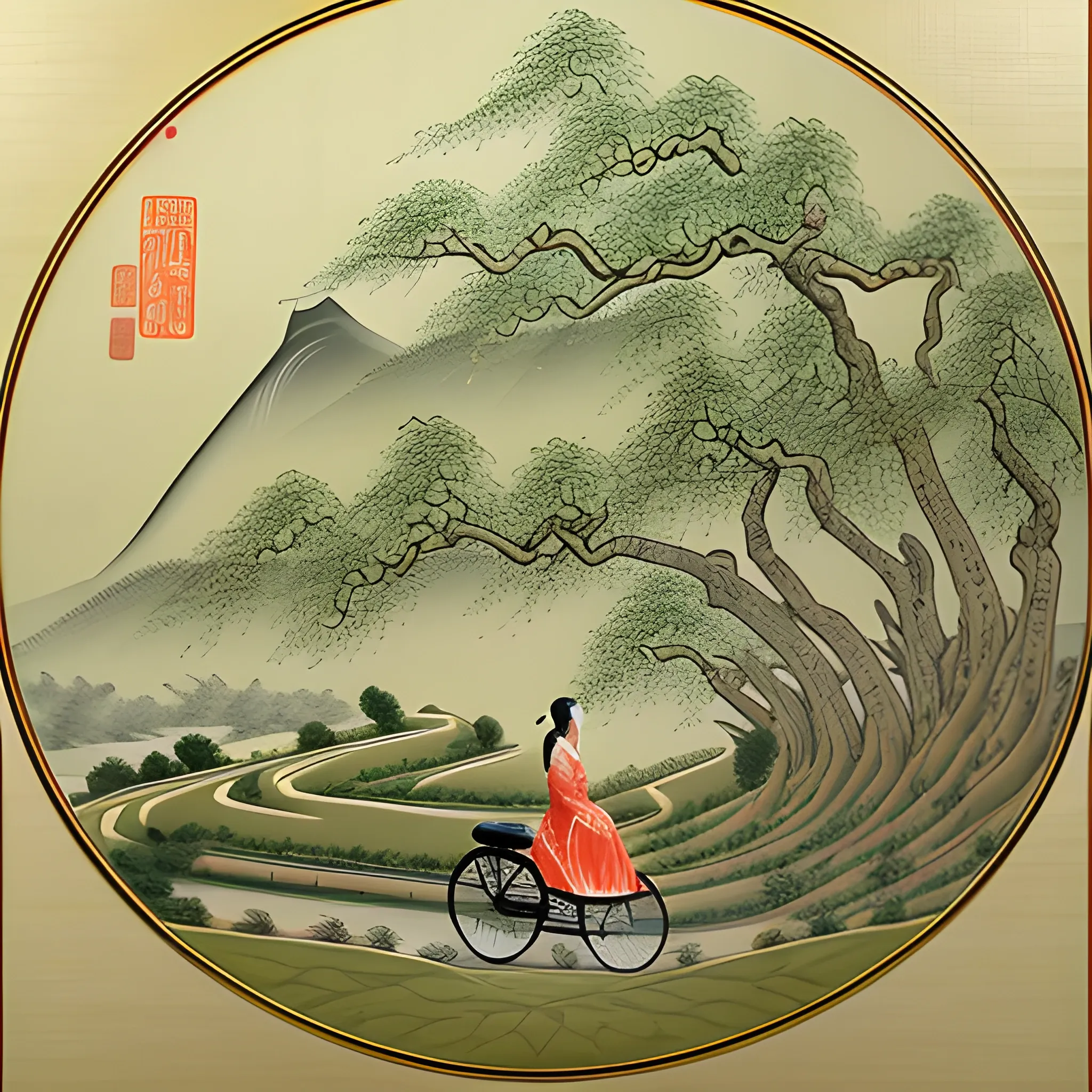 Lin Daiyu, a graceful and elegant young Chinese lady, riding a bike, in the Rong Mansion's garden, her eyes filled with happiness. a willow tree under which she rides, and gentle sunlight casting shadows on the ground. early medieval art, graceful poses, gongbi painting、Chinese elaborate-style painting