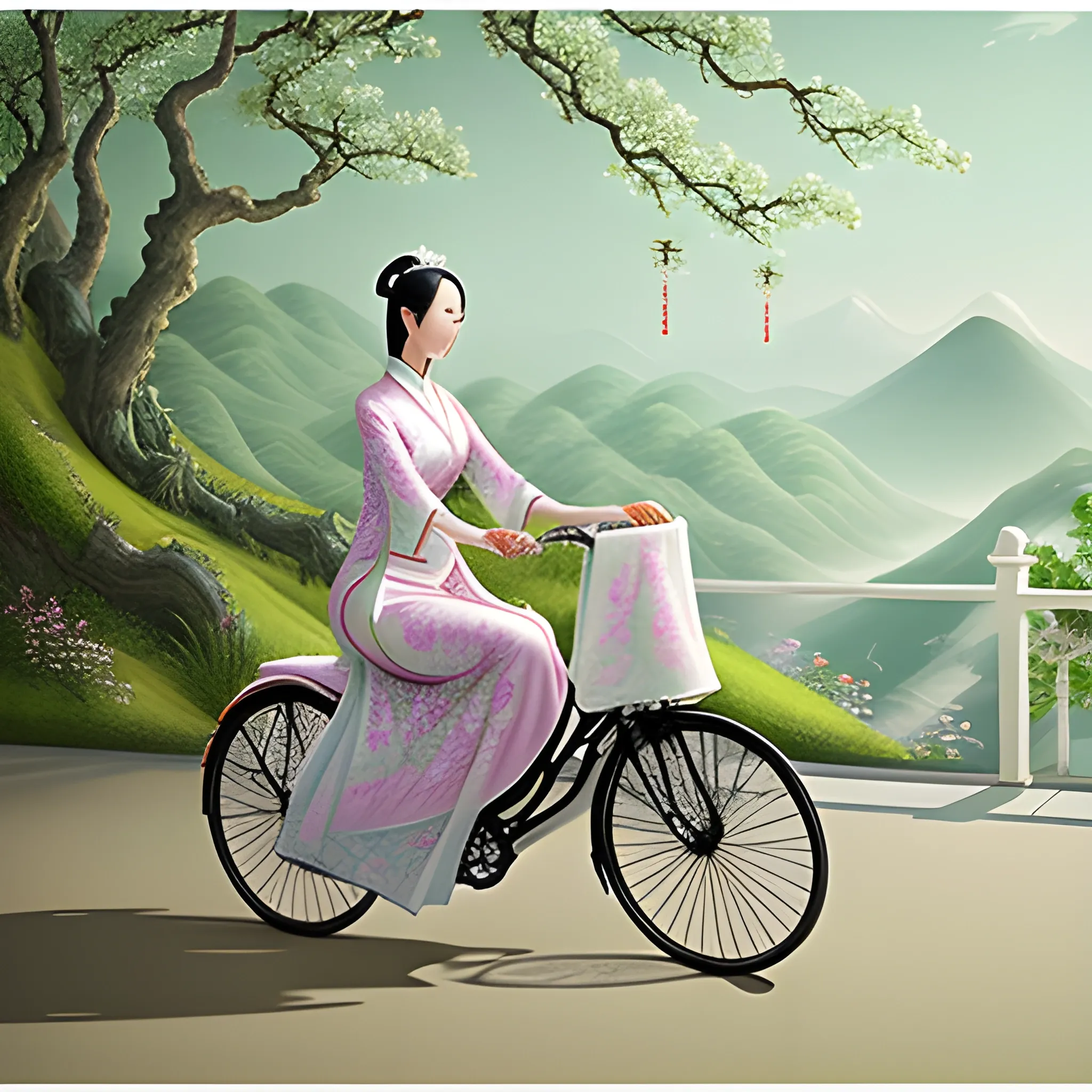 In this scene, Lin Daiyu, a graceful and elegant young lady, is depicted riding a bike. Dressed in a flowing silk gown adorned with intricate patterns, she tenderly riding the bike. Surrounded by a lush garden, the vibrant blossoms and greenery serve as a stunning contrast to the somber act. Render this evocative moment in the gongbi painting style, with meticulous detail and refined brushwork, capturing the essence of Lin Daiyu and her bike. gongbi painting style , pensive poses, early medieval art, graceful poses