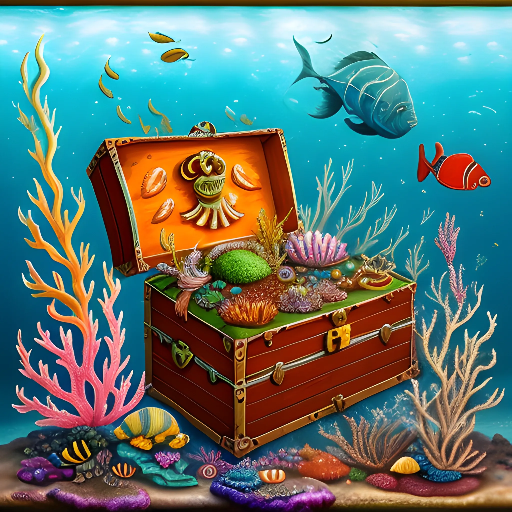 open treasure chest at the bottom of the sea. Sea vegetation, fish, Trippy, Oil Painting