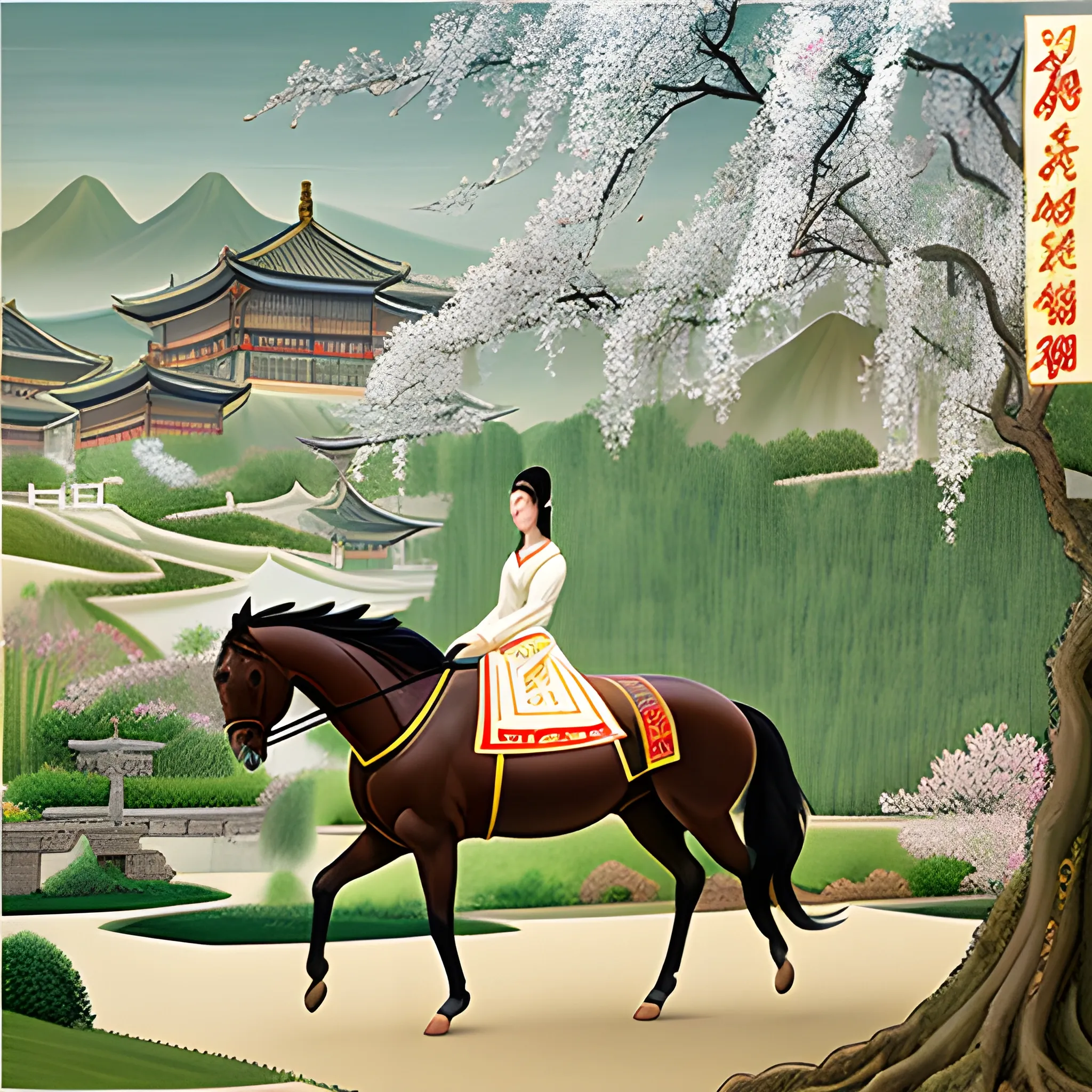 Lin Daiyu, a graceful and elegant young Chinese lady, riding a horse, in the Chinese garden, her eyes filled with happiness. a willow tree under which she rides the write horse, and gentle sunlight casting shadows on the ground. early medieval art, graceful poses, gongbi painting、Chinese elaborate-style painting