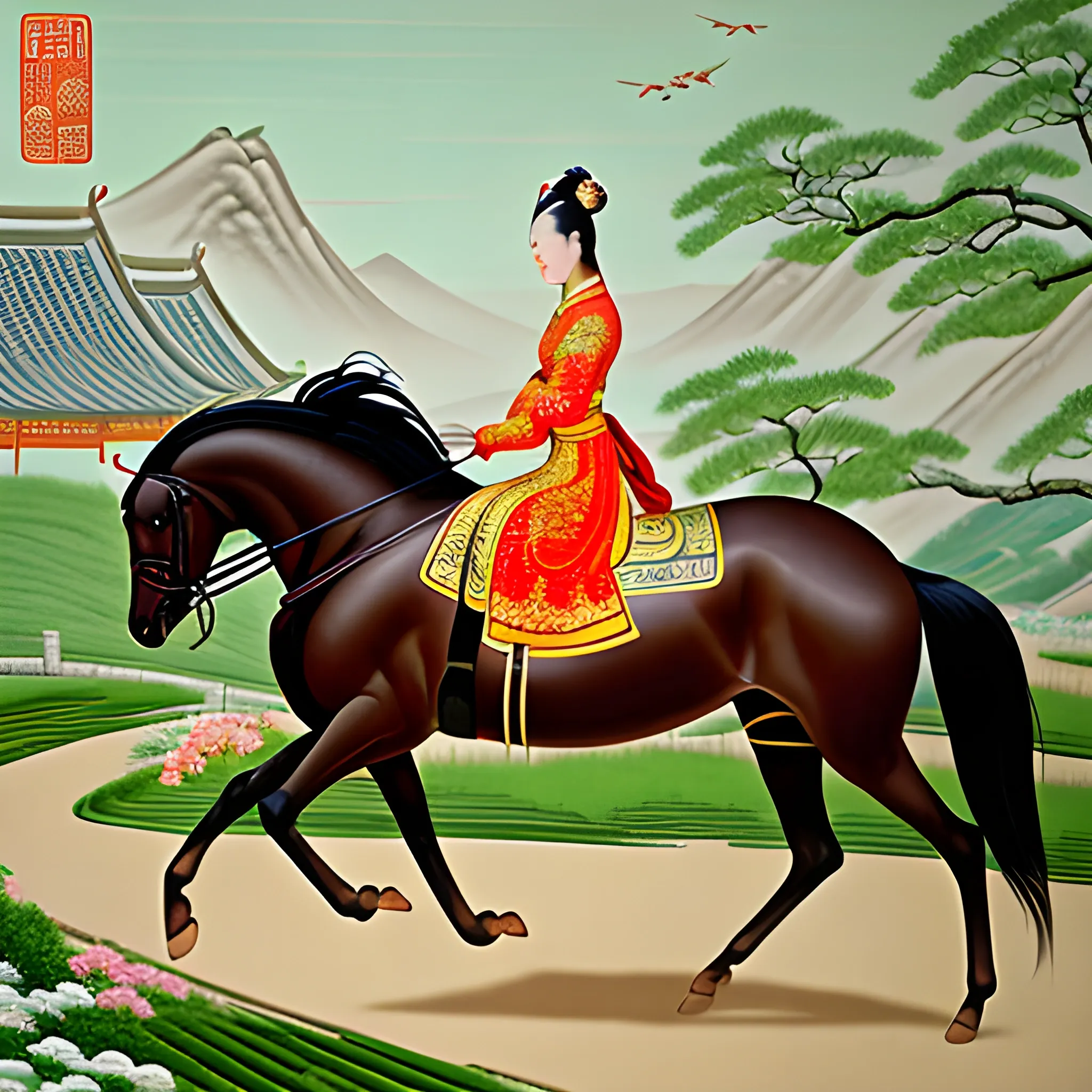 Lin Daiyu, a graceful and elegant young Chinese lady, riding a horse, in the Chinese garden, her eyes filled with happiness. a willow tree under which she rides the write horse, and gentle sunlight casting shadows on the ground. early medieval art, graceful poses, gongbi painting、Chinese elaborate-style painting