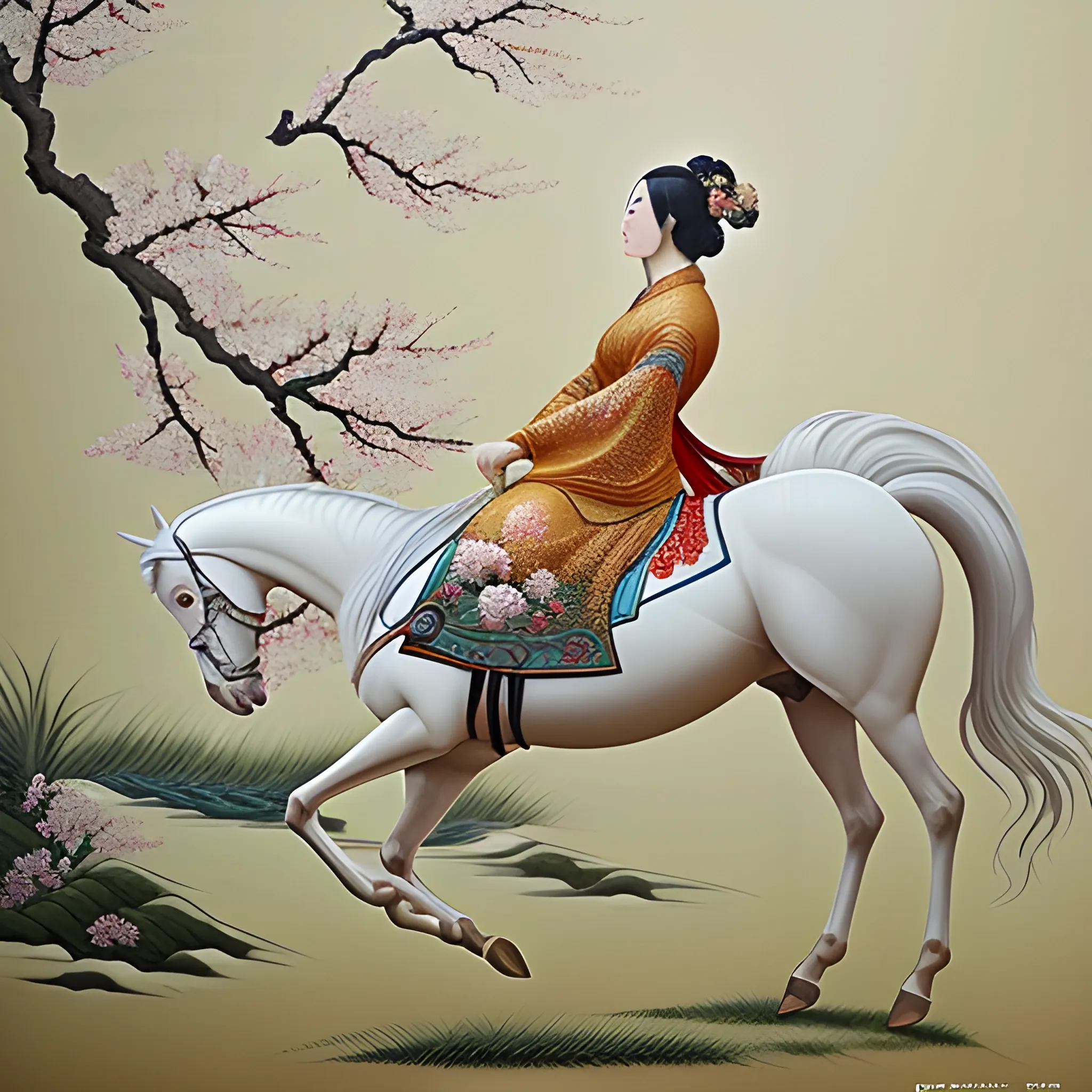 In this scene, Lin Daiyu, a graceful and elegant young lady, is riding a white horse surrounded by falling flowers. Dressed in a flowing silk gown adorned with intricate patterns, she tenderly sits on the back of the horse. Her eyes, filled with sorrow, reflect the melancholy she feels for the fleeting beauty of nature. Surrounded by a lush garden, the vibrant blossoms and greenery serve as a stunning contrast to the somber act. Render this evocative moment in the gongbi painting style, with meticulous detail and refined brushwork, capturing the essence of Lin Daiyu and her poignant flower burial ceremony. gongbi painting style , pensive poses, early medieval art, graceful poses