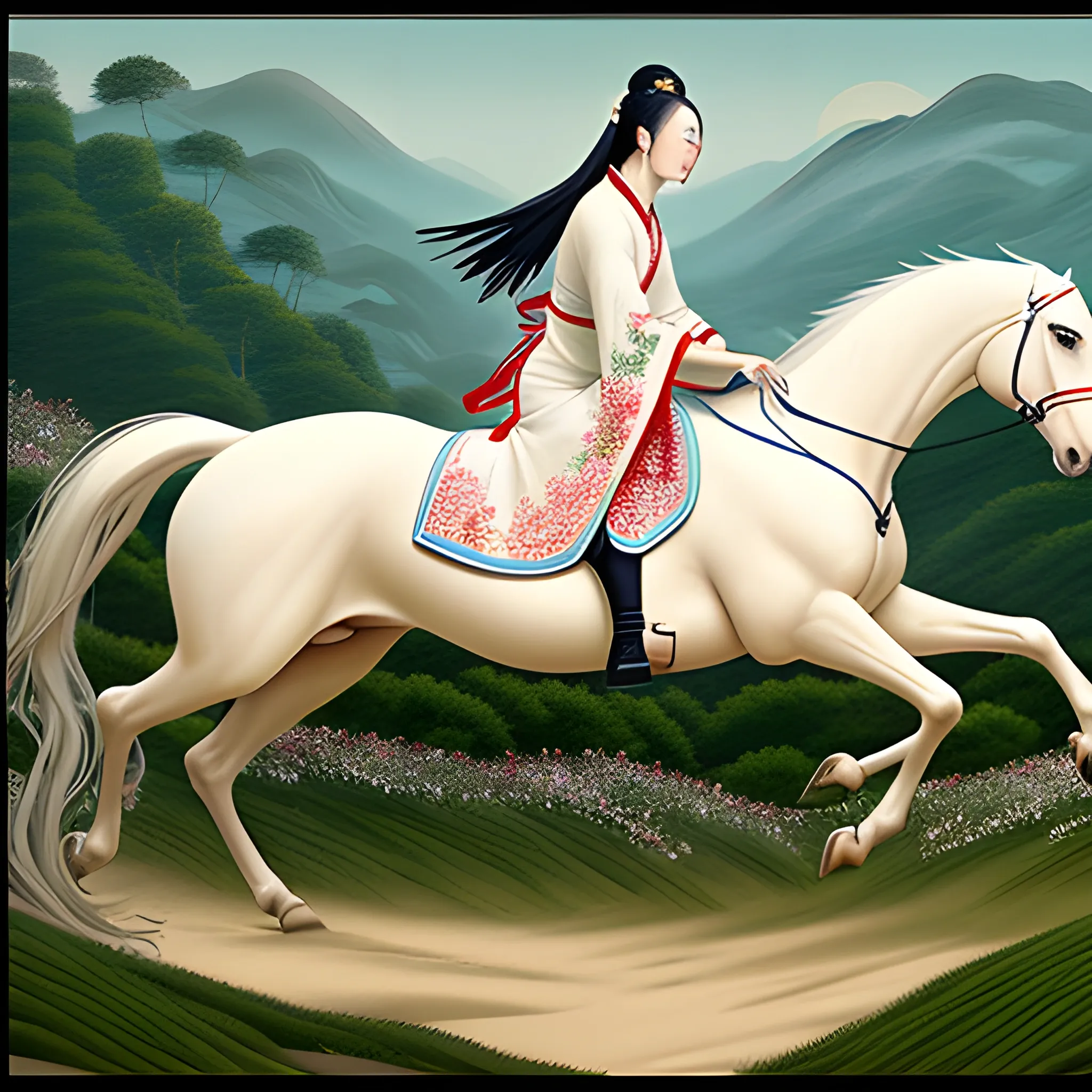 In this scene, Lin Daiyu, a graceful and elegant young lady, is riding a white horse surrounded by falling flowers. Dressed in a flowing silk gown adorned with intricate patterns, she tenderly sits on the back of the horse.  Surrounded by a lush garden, the vibrant blossoms and greenery serve as a stunning contrast to the somber act. Render this evocative moment in the gongbi painting style, with meticulous detail and refined brushwork, capturing the essence of Lin Daiyu and her poignant flower burial ceremony. gongbi painting style , pensive poses, early medieval art.