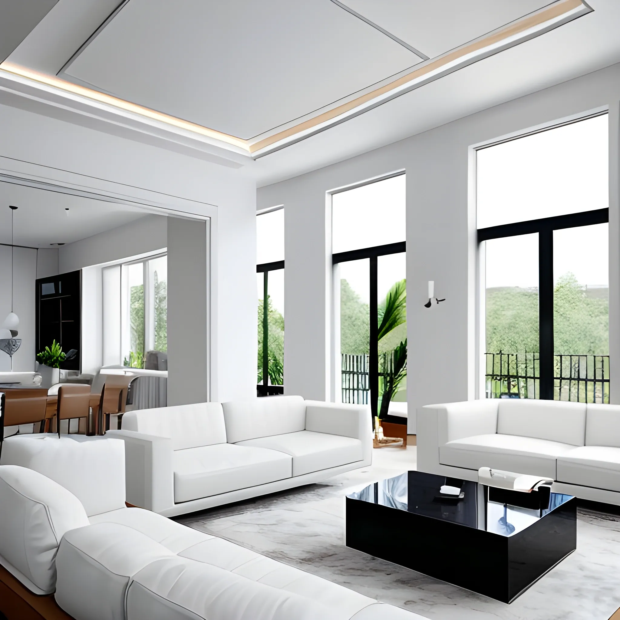 A modern living room with a beautiful white marble table between 2 white sofas ,on the left of the living room there are floor to ceiling glass window and on the right of the living room there are wooden stairs to the second floor, 8k resolution, professional interior design photograph