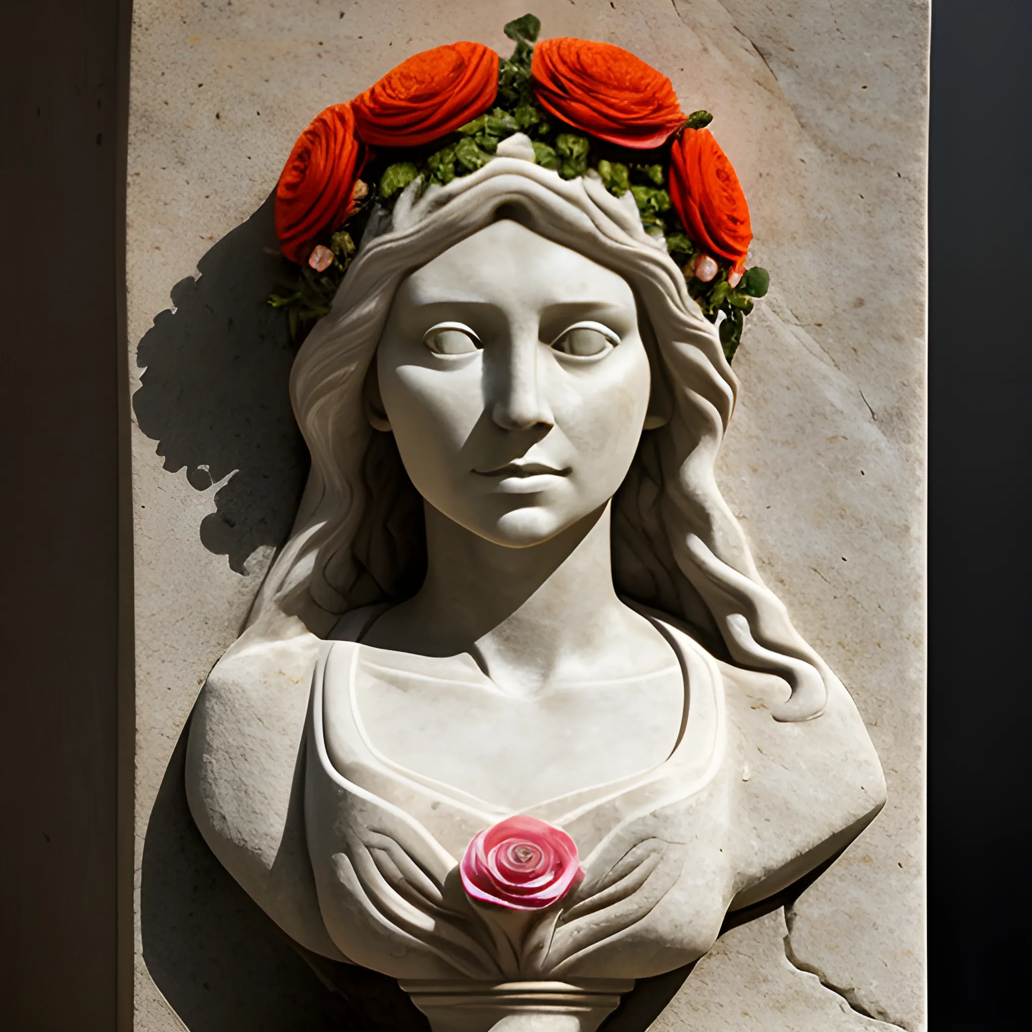 Female portrait in stone, altar, flowers, bold colors