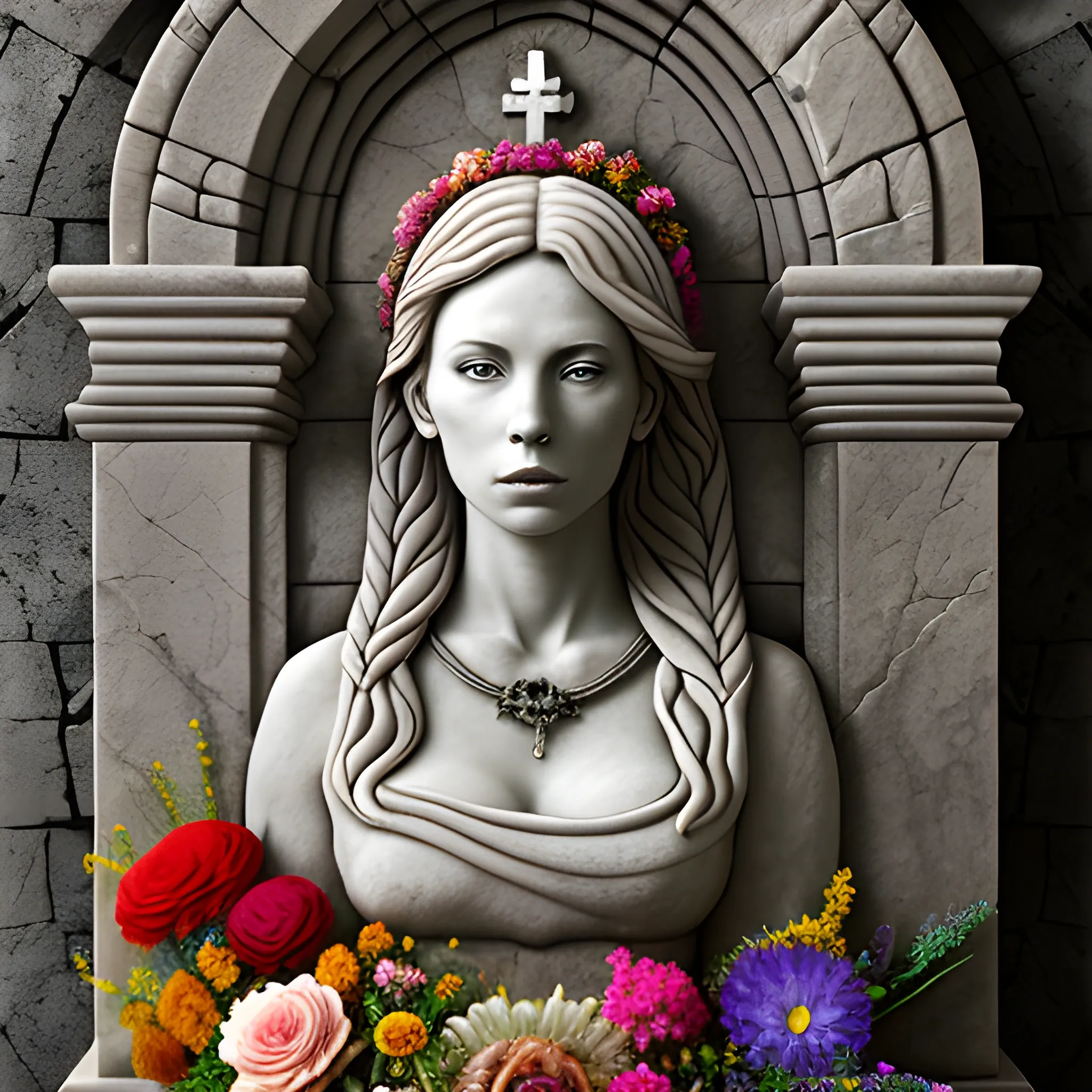Female portrait in stone, altar, flowers, bold colors ,fantasy, Fashion, vitality