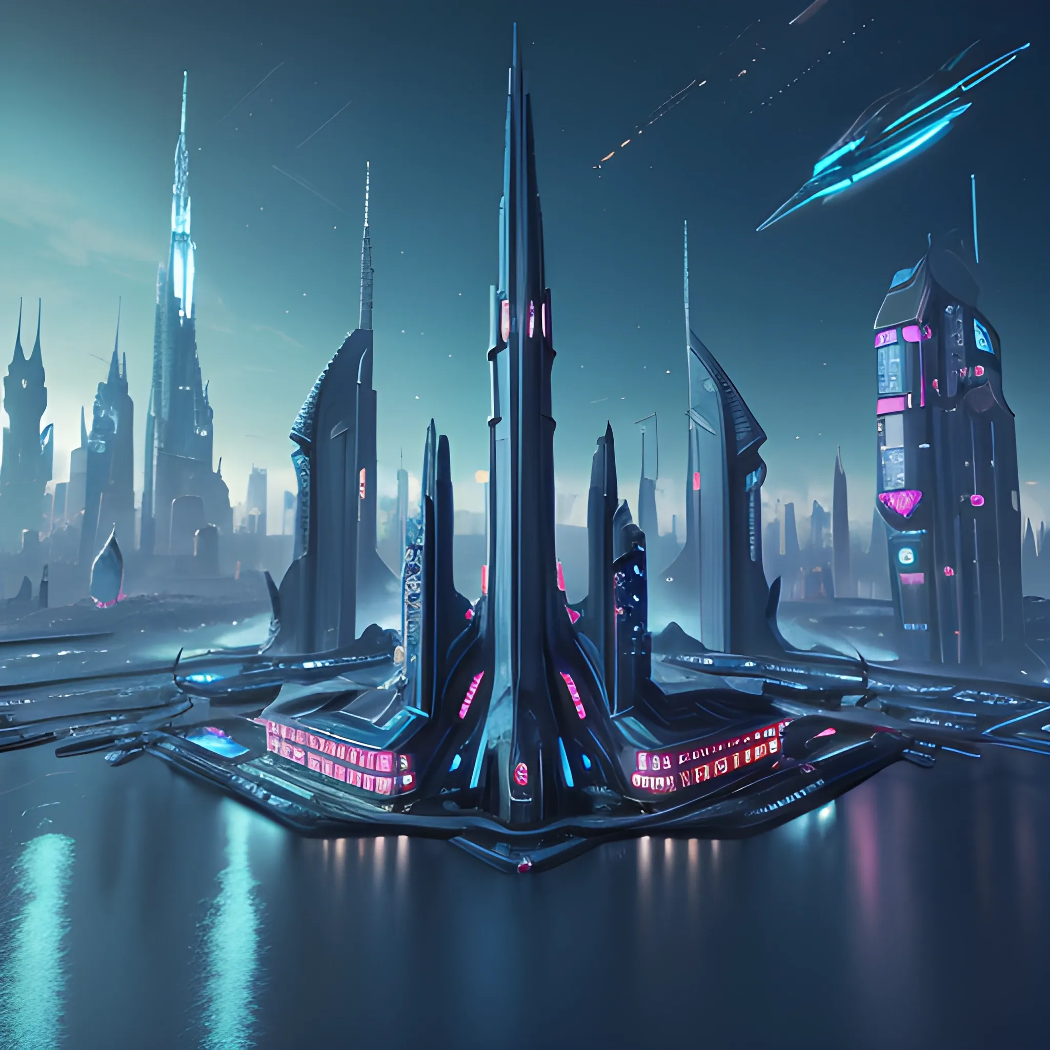 Main space city with spire style buildings, cyberpunk style blue tones,  spaceship, cityscape of bridges and canals, surreal, ultra high quality, 3D