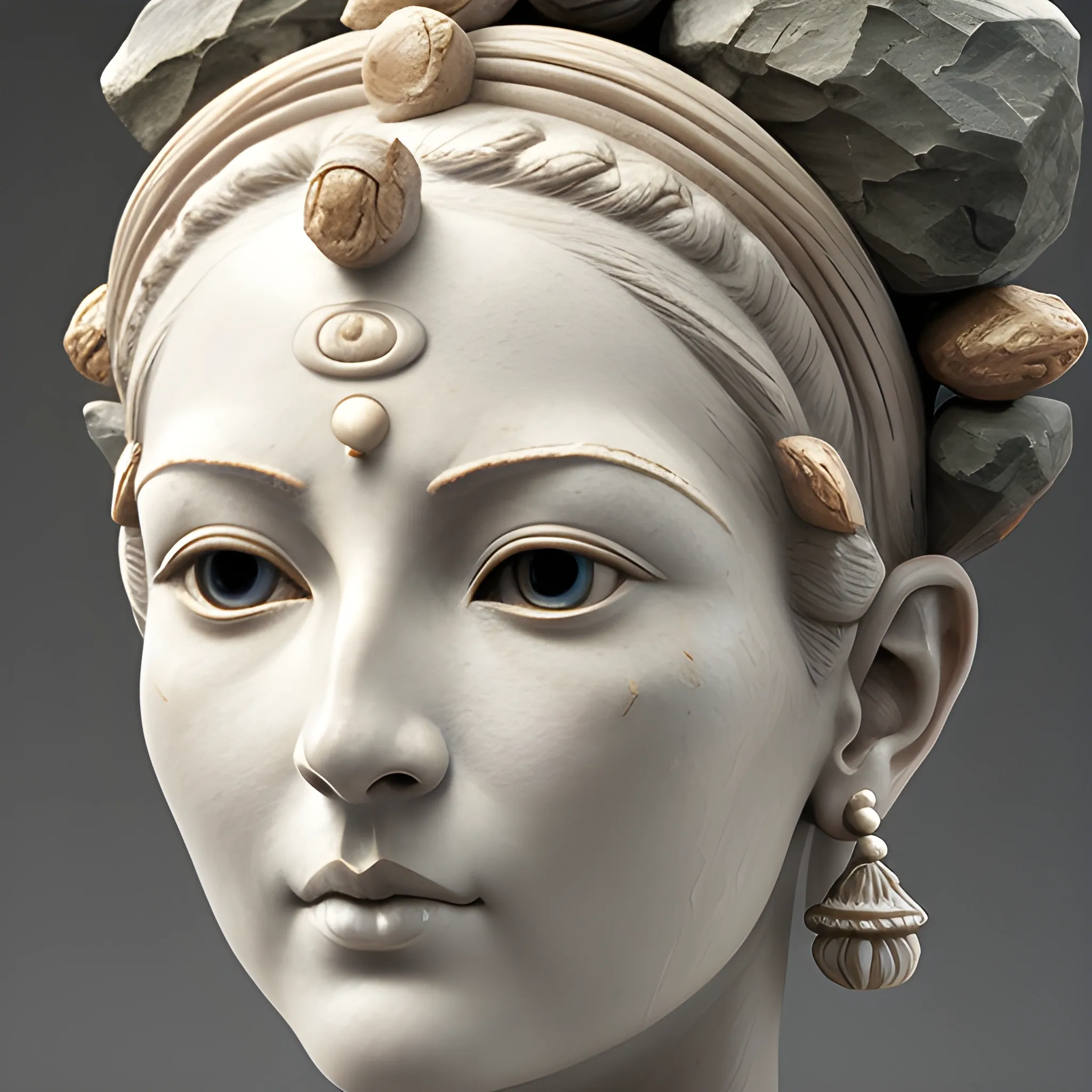 a close up of a statue of a woman with rocks on her head, goddess close-up portrait, porcelain face, painted face, details face, close up portrait, detail face, serene expression, detailled face, looking away, detaled face, oriental face, close-up portrait goddess skull, beautiful detailed body and face, beautiful detailed figure, detailes face
