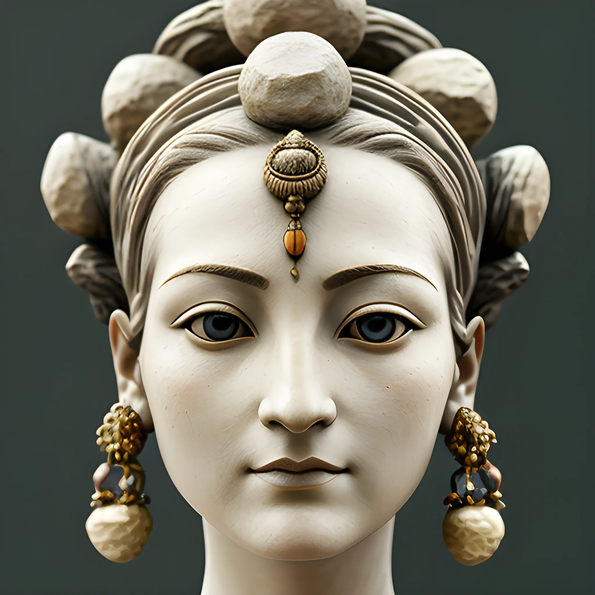 a close up of a statue of a woman with rocks on her head, goddess close-up portrait, porcelain face, painted face, details face, close up portrait, detail face, serene expression, detailled face, looking away, detaled face, oriental face, close-up portrait goddess skull, beautiful detailed body and face, beautiful detailed figure, detailes face, fantasy, Fashion, vitality
