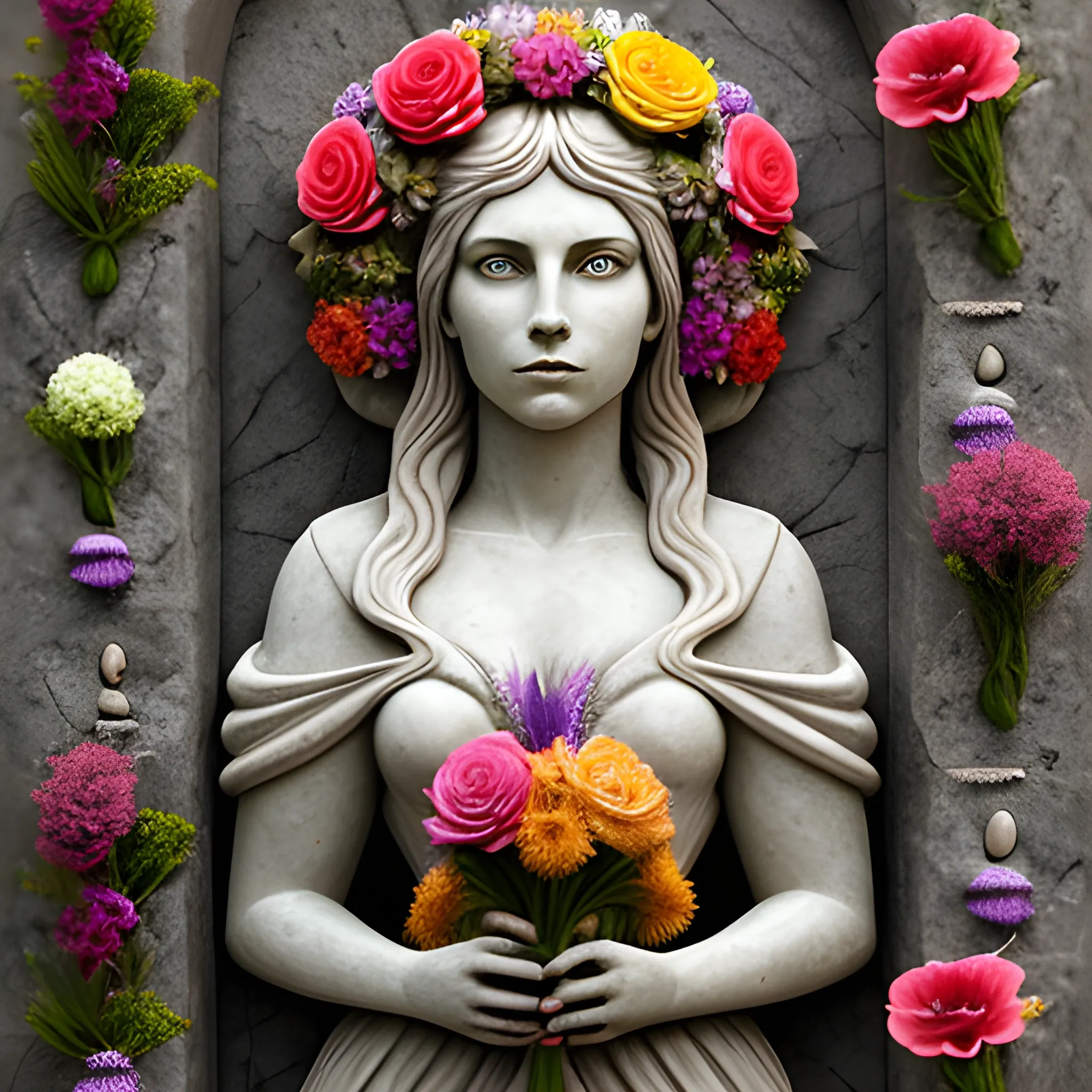 Female portrait in stone, altar, flowers, bold colors

, fantasy Fashion, vitality