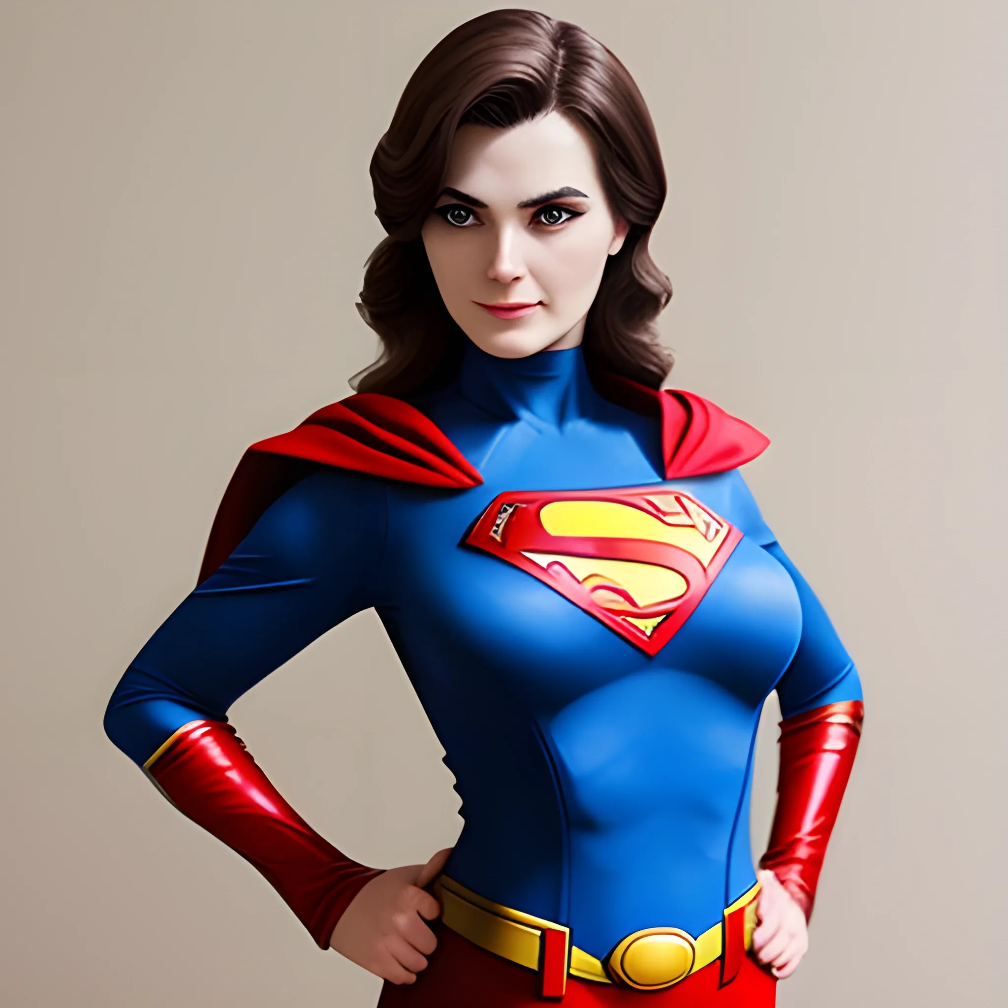 An elegant lady wearing a Superman costume, eye-catching detail, realistic ultra-detailed